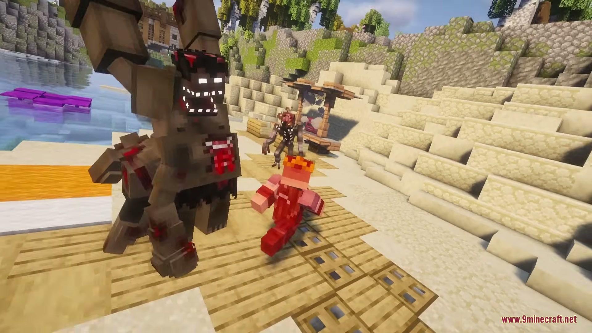 Zombie Extinction Mod Screenshot 4 A player in red armor fleeing from a giant Devastator zombie with glowing eyes