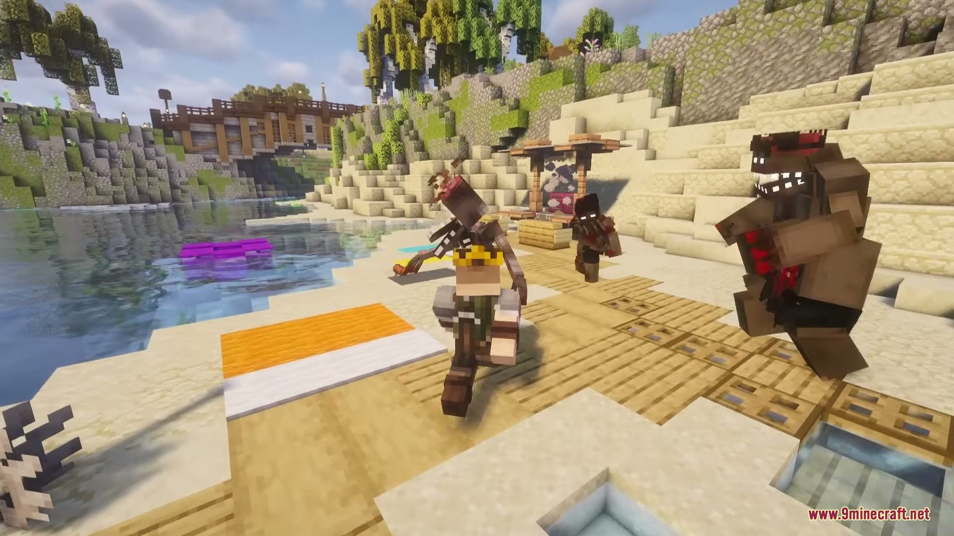 Zombie Extinction Mod Screenshot 5 The Devastator and other mutated zombies chase a player across a sandy beach
