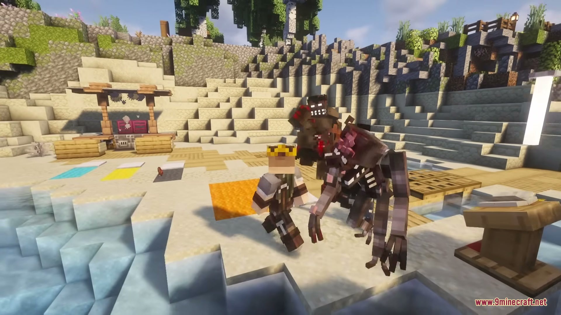Zombie Extinction Mod Screenshot 6 A player wearing a crown runs from powerful infected monsters near the water