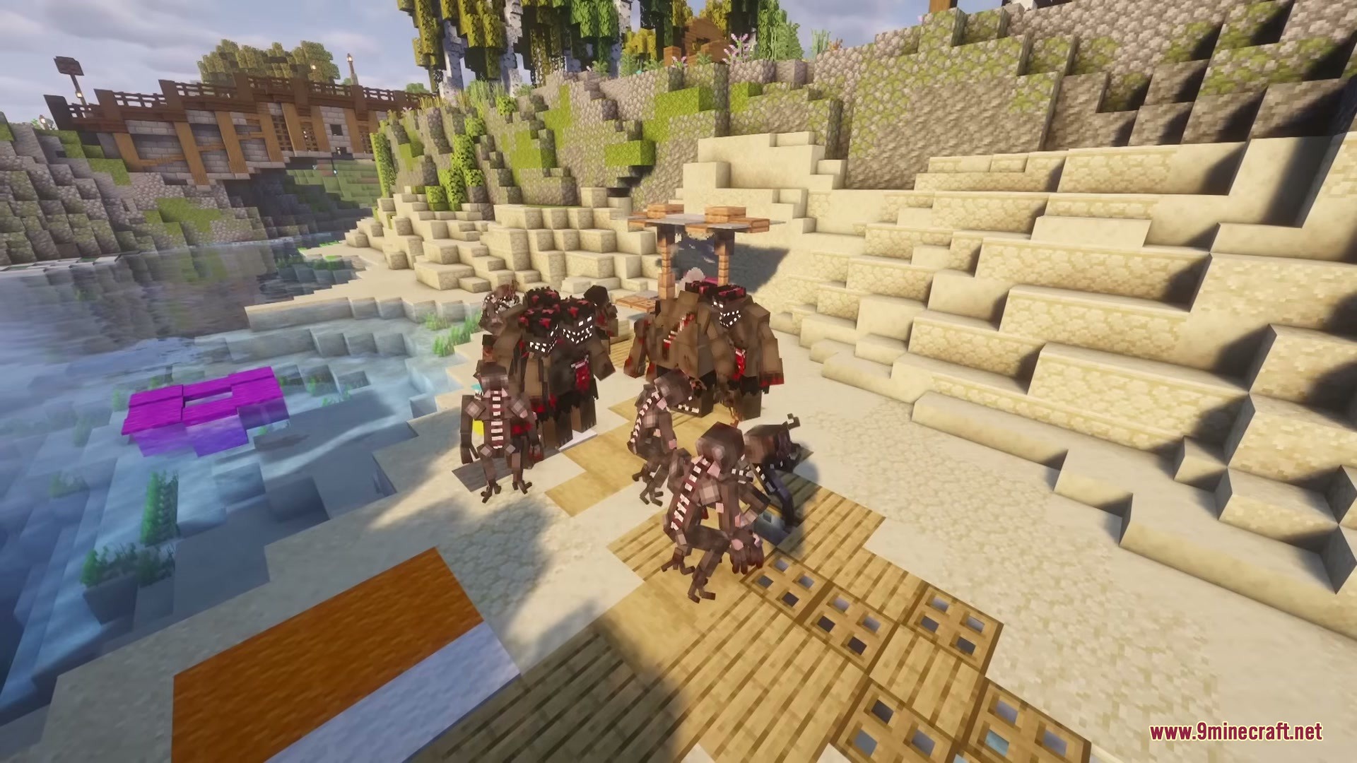 Zombie Extinction Mod Screenshot 8 A group of mutated zombies gathered on a wooden dock near a bridge