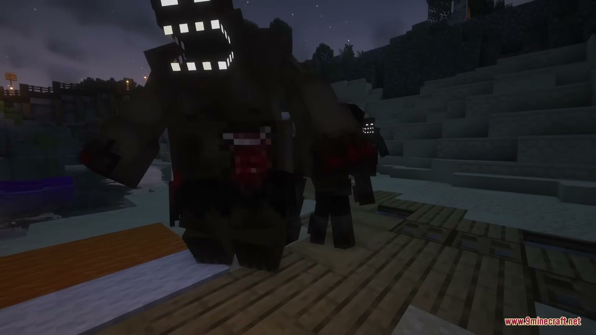 Zombie Extinction Mod Screenshot 9 A massive zombie with glowing white eyes stands on a wooden dock at night