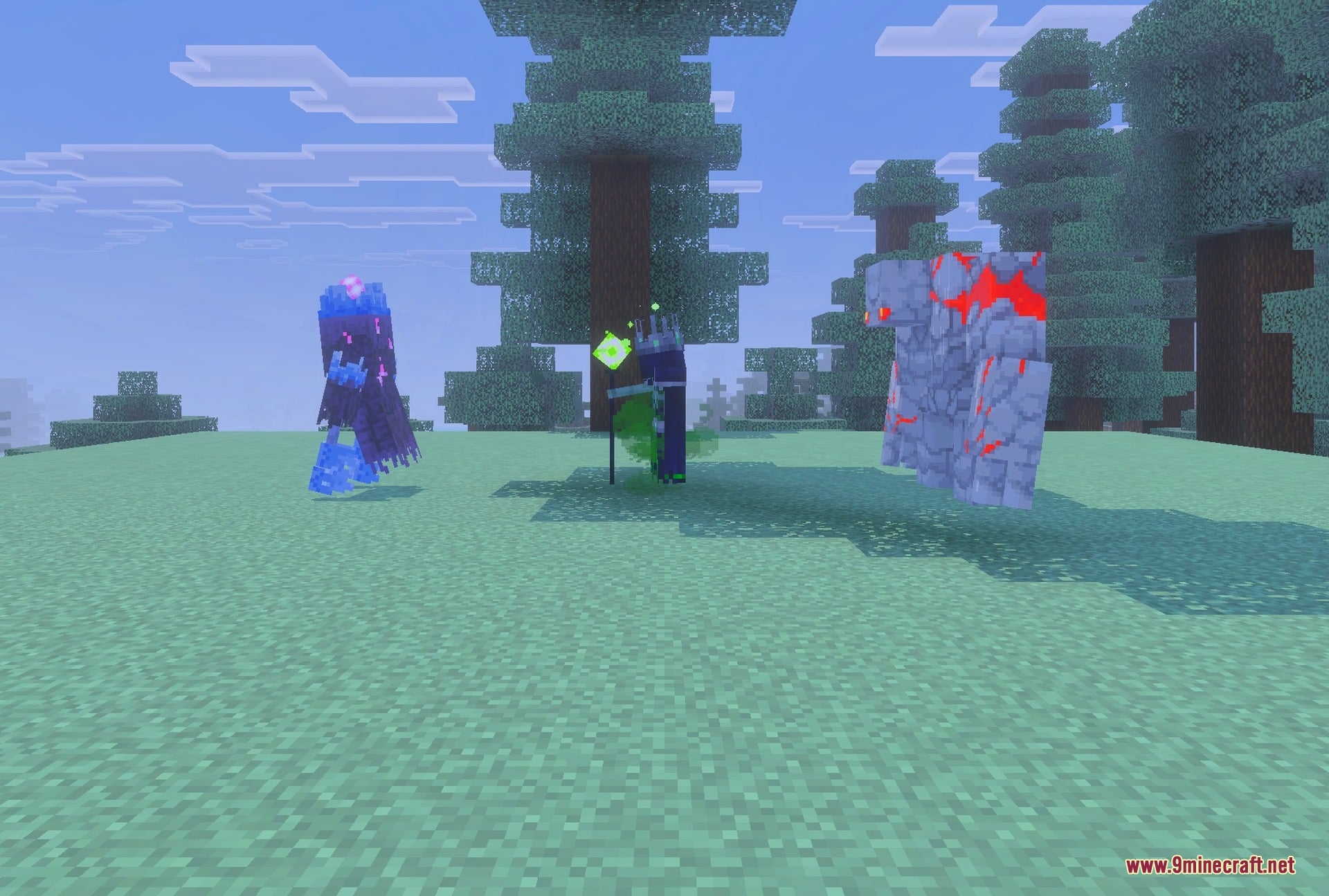 Boss mobs from Minecraft Dungeons: the Redstone Golem, the Nameless One and the Wretched Wraith