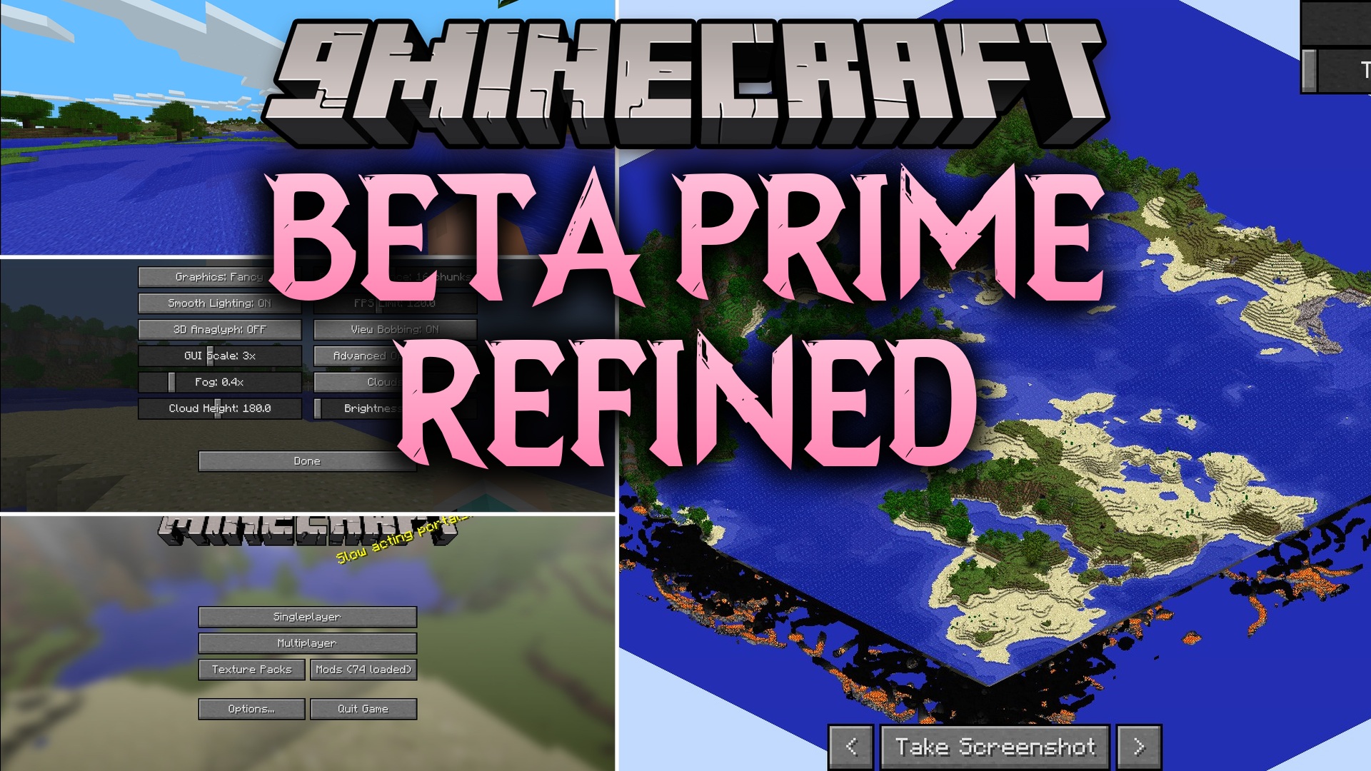 Beta Prime Refined Mod Screenshot 1 Main menu screen of Minecraft Beta featuring a custom blurred panoramic background