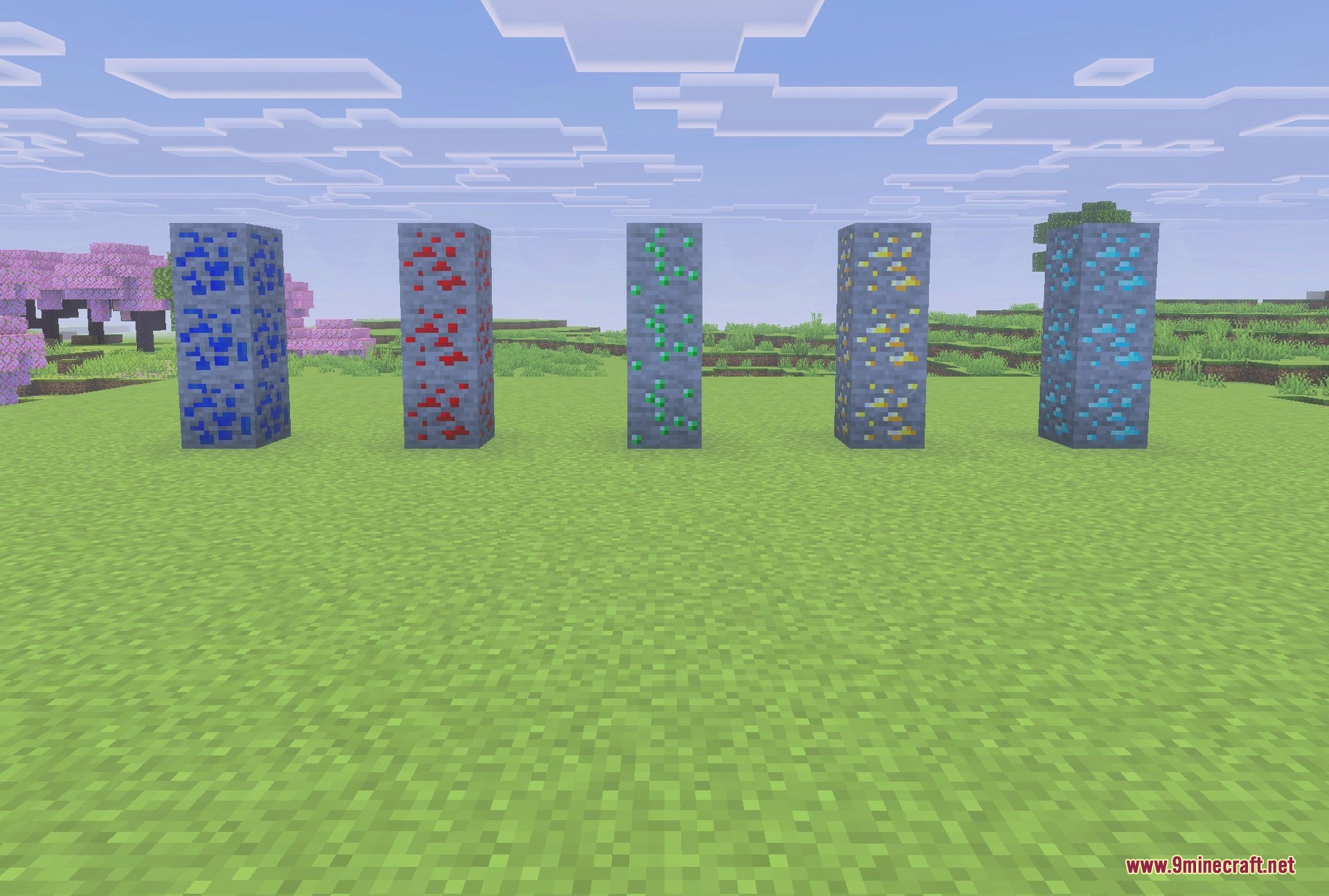 Better Bedrock X-Ray Addon Screenshot 4 The ore textures the pack redraws: diamond, redstone, emerald, lapis and copper