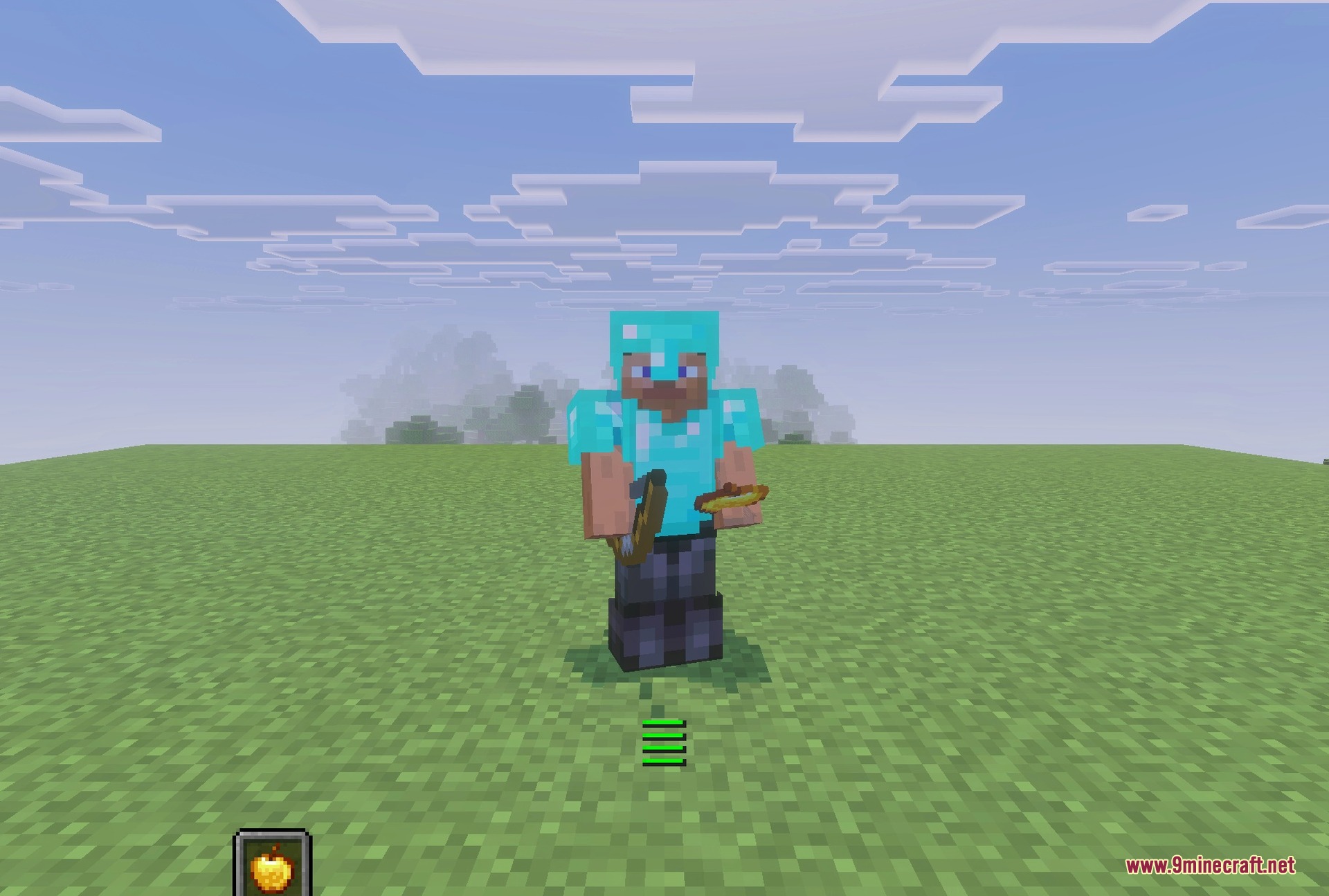 A full PvP loadout: netherite kit, sword in hand and a golden apple in the offhand slot