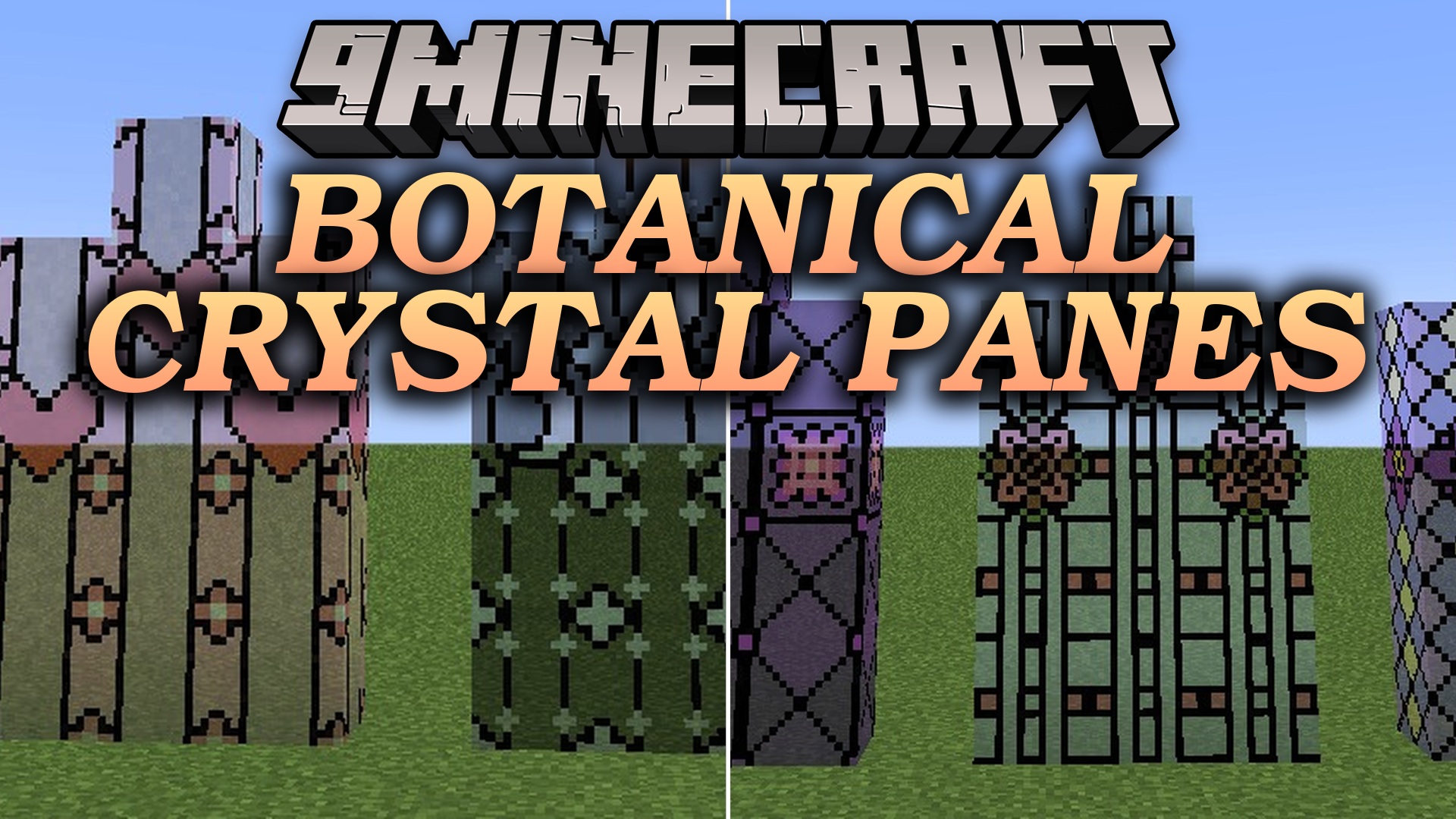 A row of decorative stained glass blocks with floral patterns in Minecraft
