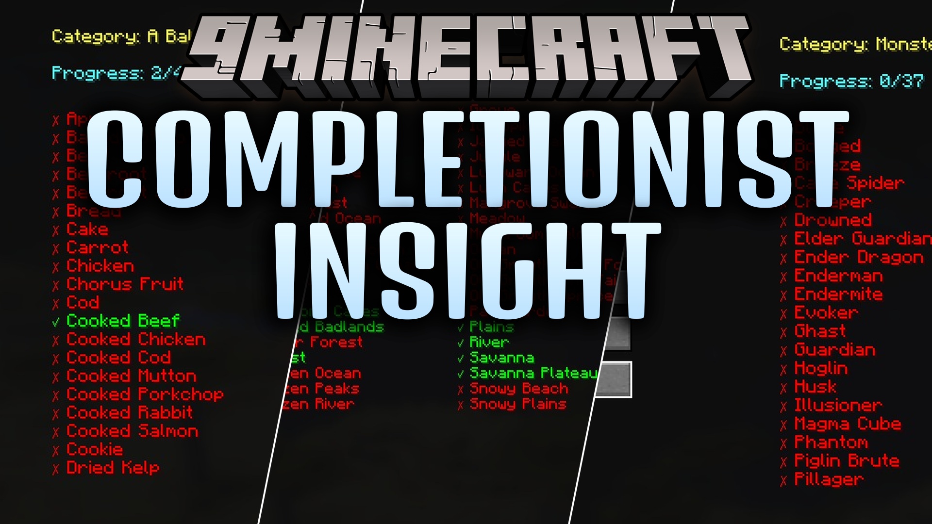 Completionist Insight Mod Screenshot 1 A list of hostile mobs for the Monsters Hunted advancement in Minecraft