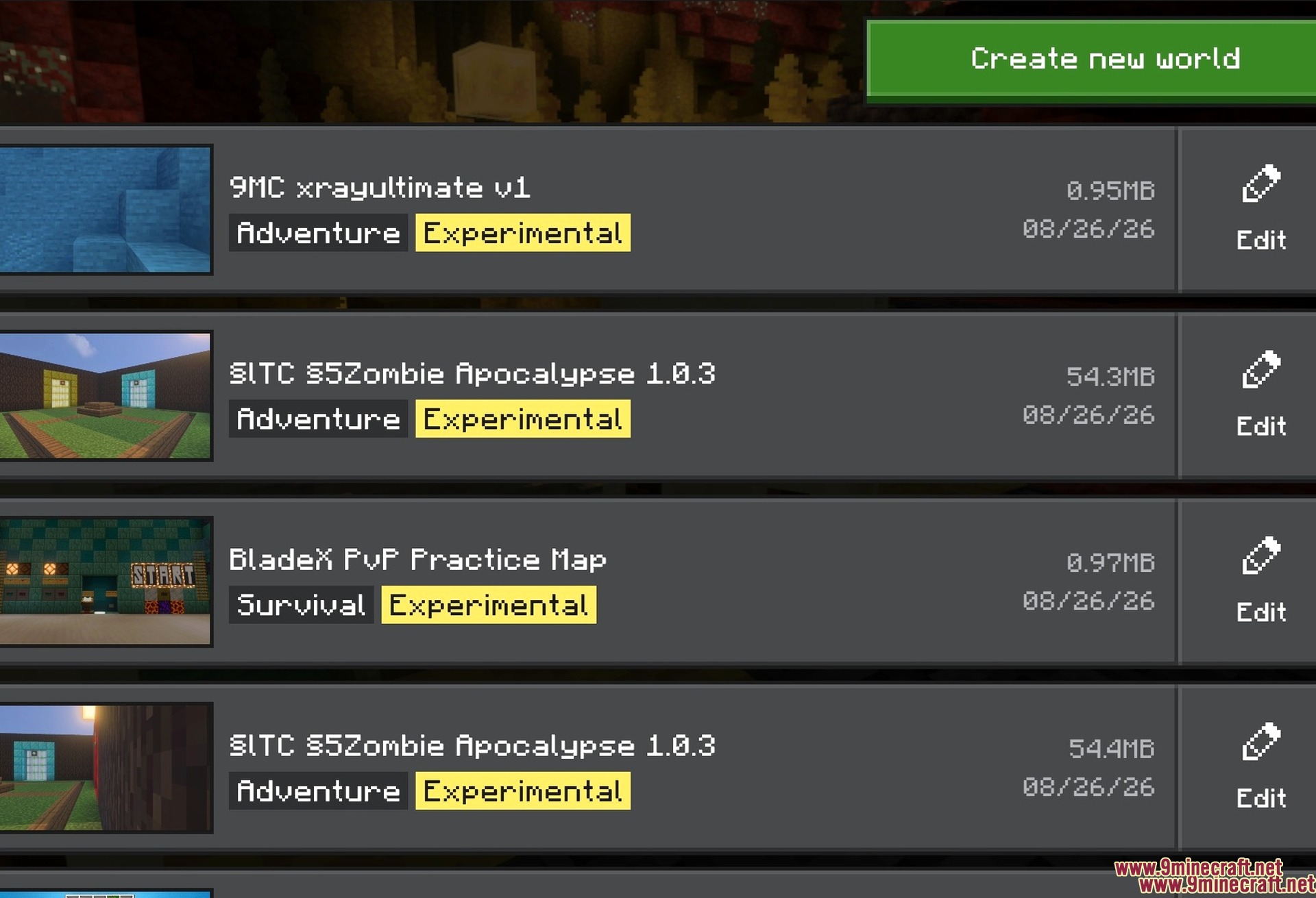 Dark UI Mode Texture Pack Screenshot 2 The world list in the same dark theme