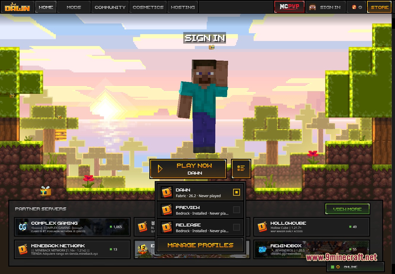 Dawn Client Launcher Screenshot 2 Dawn Launcher profile picker showing the DAWN profile on Fabric 26.2, plus PREVIEW and RELEASE Bedrock profiles, with a Manage Profiles shortcut