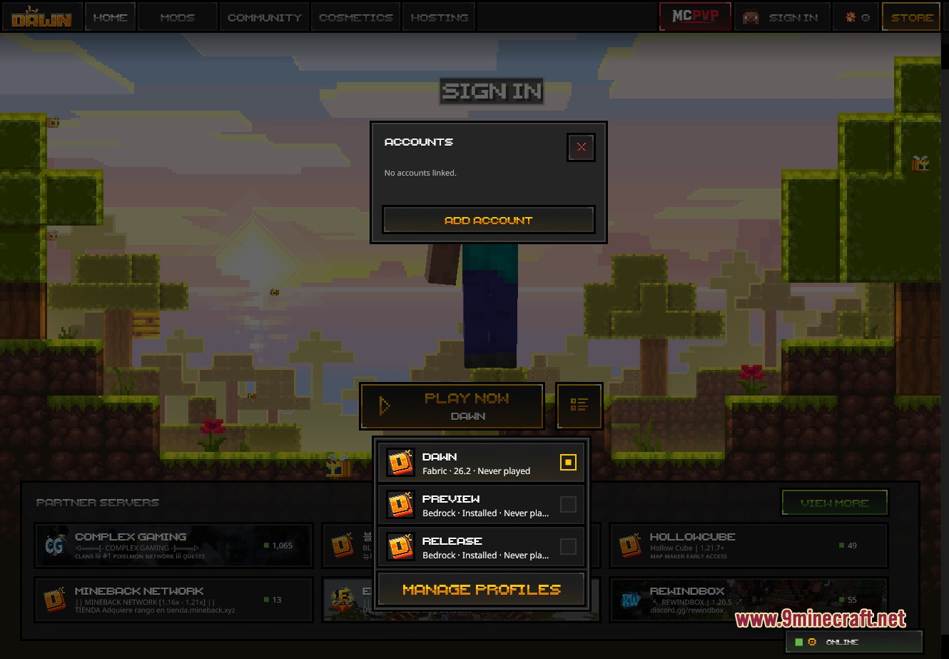 Dawn Client Launcher Screenshot 3 Dawn Launcher Accounts panel with an Add Account prompt and the profile dropdown open showing available Minecraft version profiles