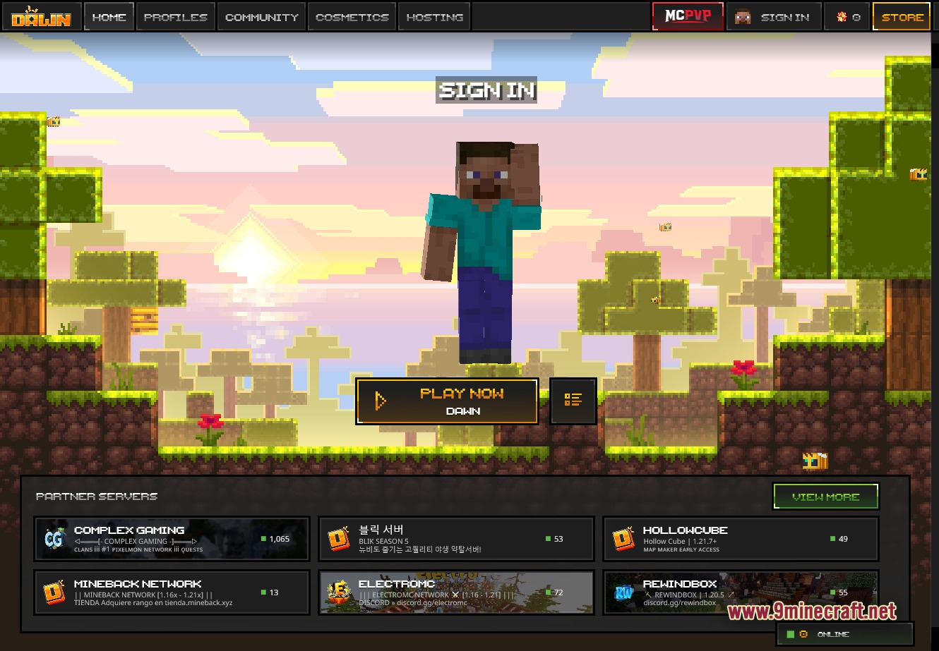 Dawn Client Launcher Screenshot 4 Dawn Launcher home screen full width with the pixel-art parallax background, top navigation bar (Home, Mods, Community, Cosmetics, Hosting) and MCPVP shortcut