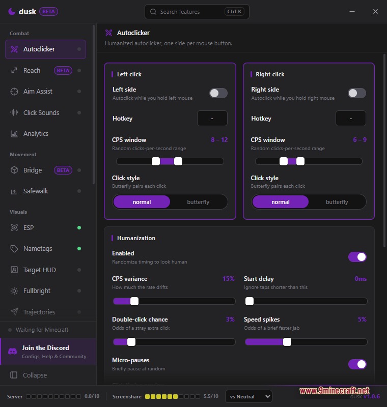 Dusk Client external launcher showing the Autoclicker panel with left and right click configurations, CPS window sliders, click styles and humanization controls