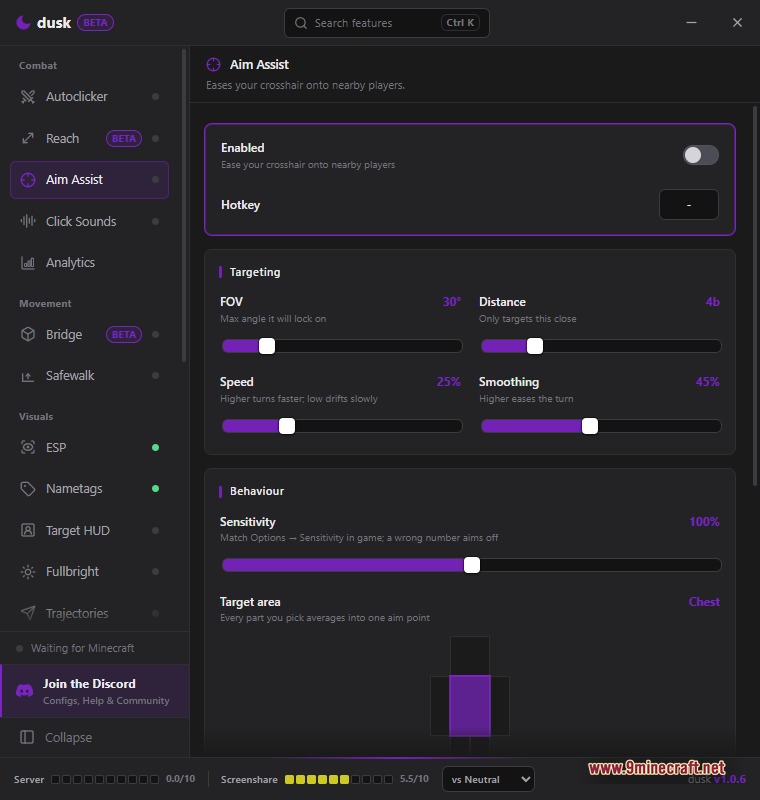 Dusk Client Aim Assist panel with FOV, distance, speed and smoothing sliders plus a body target-area picker