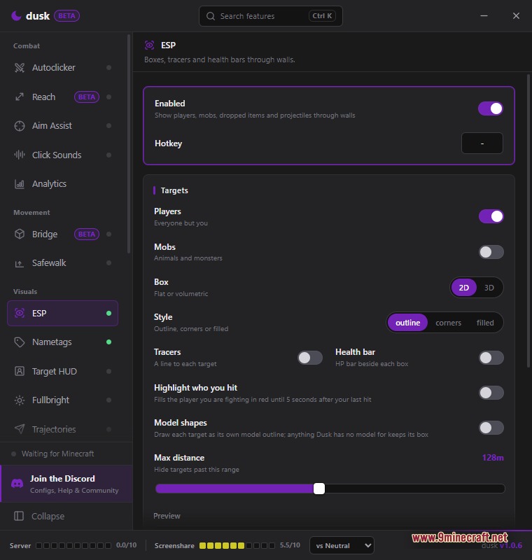 Dusk Client ESP panel showing the box style (2D or 3D), outline and corner options, tracers, health bars and highlight-who-you-hit toggles with a max distance slider