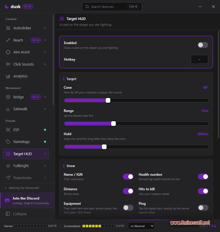 Dusk Client Target HUD panel showing the customization options for the on-screen target information overlay