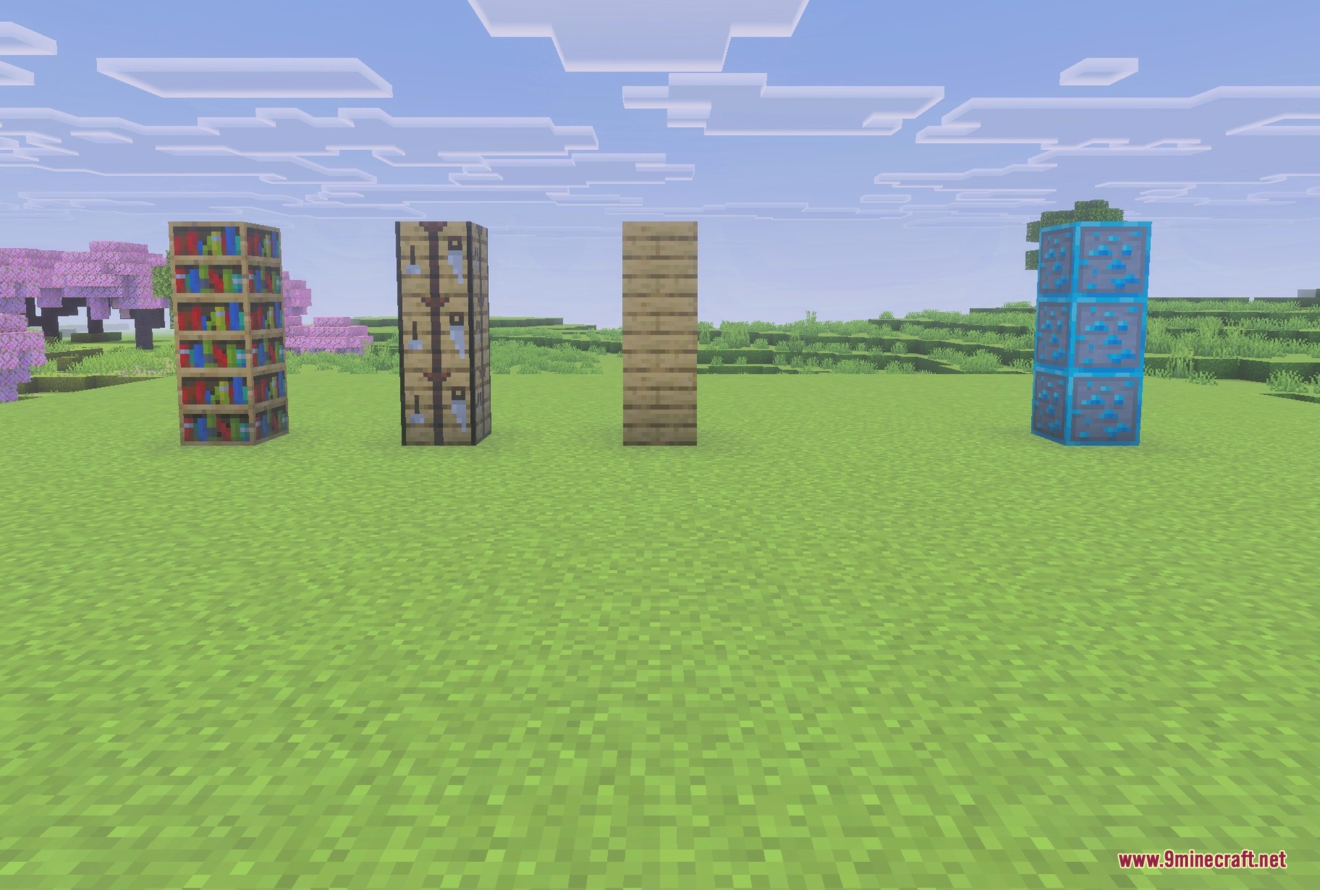 Block textures: bookshelf, crafting table, planks and diamond ore