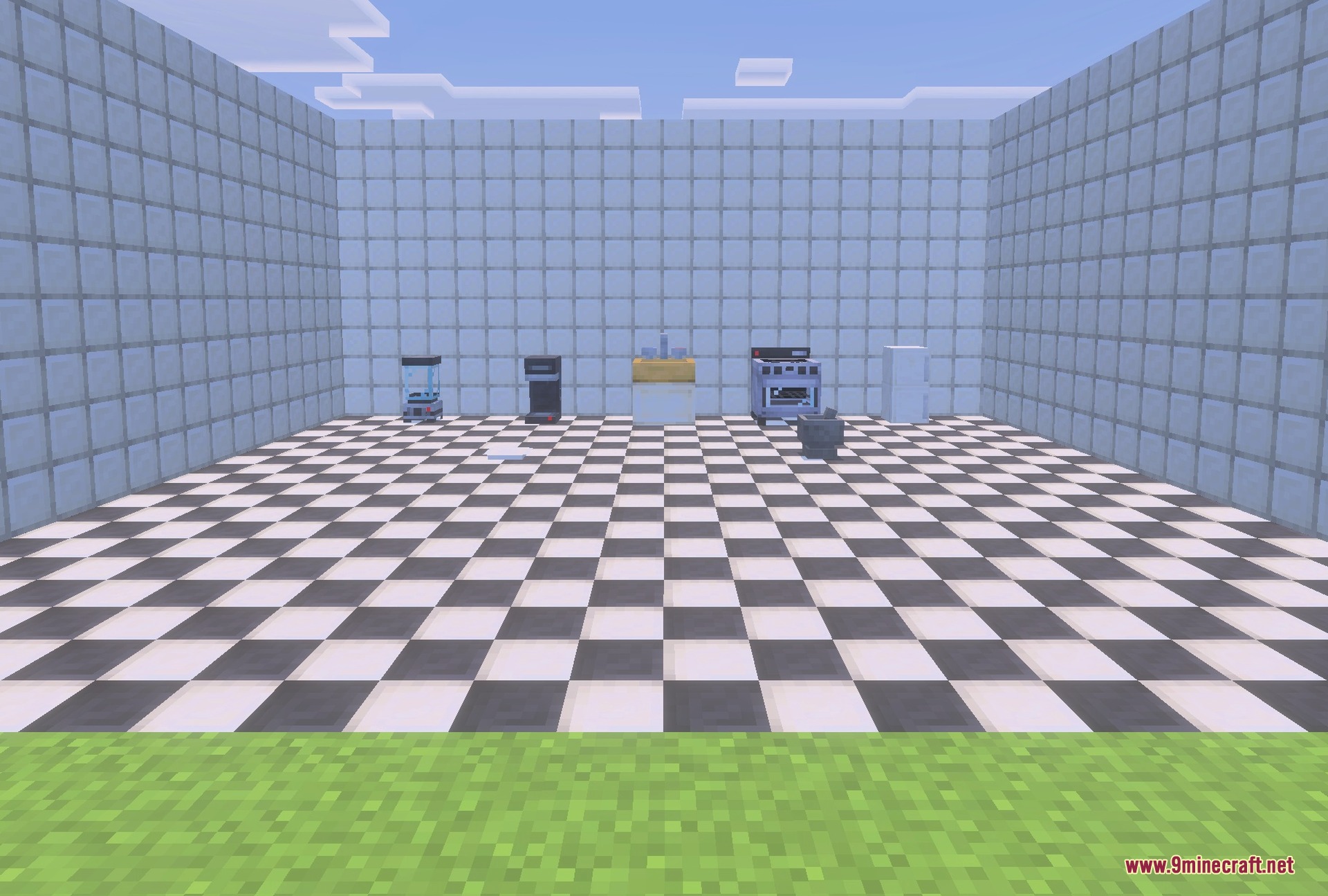 A fitted kitchen: fridge, stove, porcelain sink, coffee machine and blender
