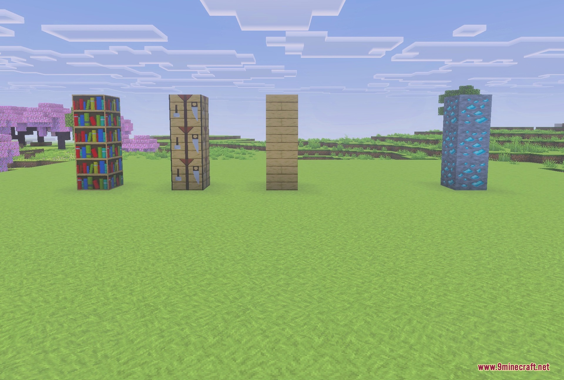 Faithful 64x Addon Screenshot 2 Block textures at 64x: bookshelf, crafting table, planks and diamond ore
