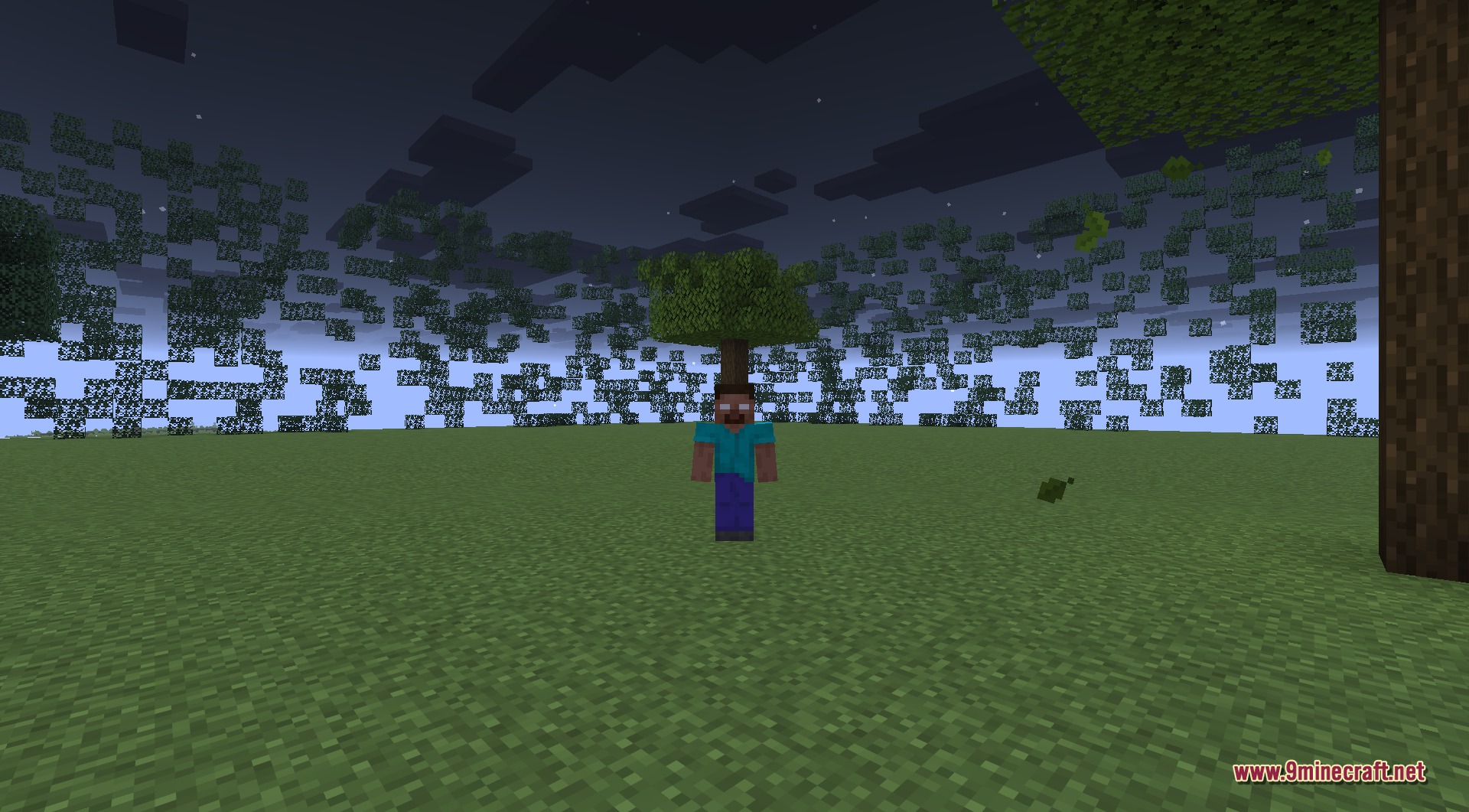 Herobrine standing in a dark forest clearing at night, staring directly at the player with his blank glowing white eyes, faithful to the classic creepypasta look