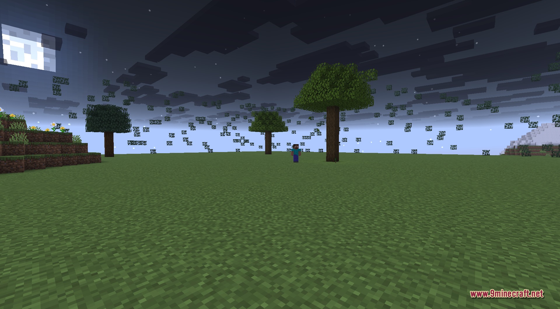 A wide moonlit view of a night forest clearing with Herobrine watching from beside the trees, capturing the slow-burn horror of being stalked