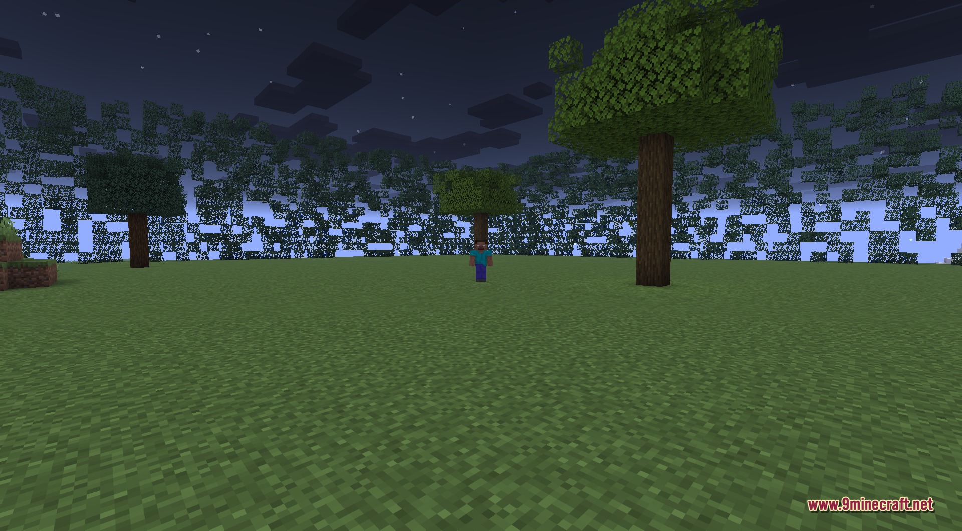 Herobrine lurking among the trees of a night forest, appearing for a moment at a distance before he vanishes into the dark