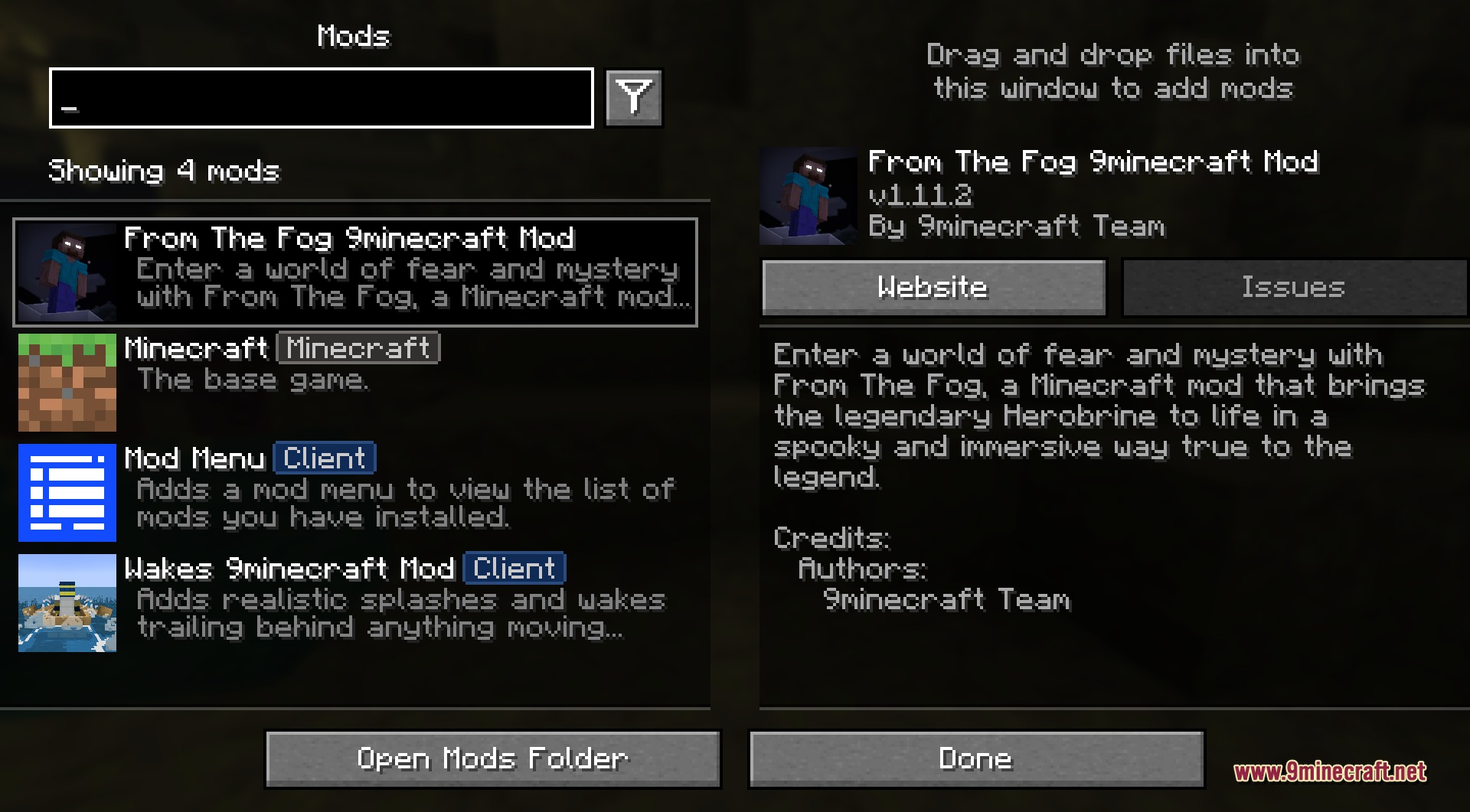 The mod's entry in the in-game mods list, shown loaded with its name and a clickable homepage link and a description of the Herobrine horror experience it adds to survival