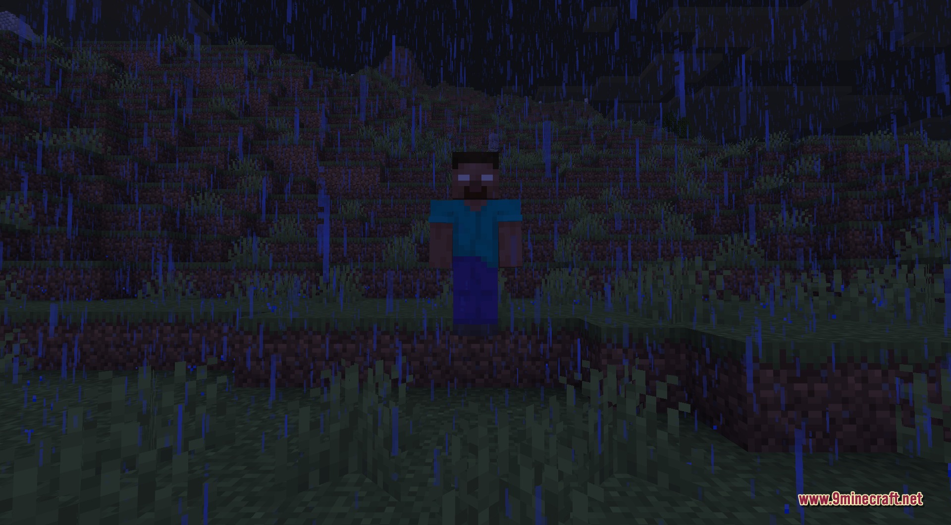 A close-up of Herobrine staring directly at the player, his Steve-like figure and empty white eyes filling the frame in a dark, foggy field