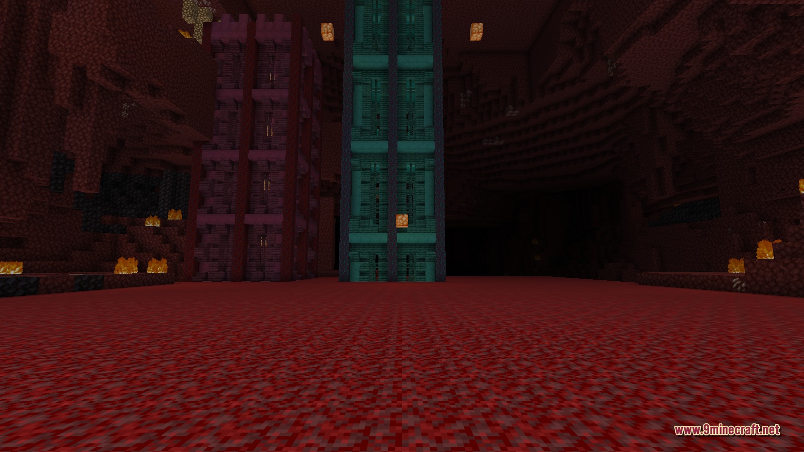The Crimson Tower and Warped Tower generated side by side in a natural Nether cavern, rising from crimson nylium among scattered fire and lava