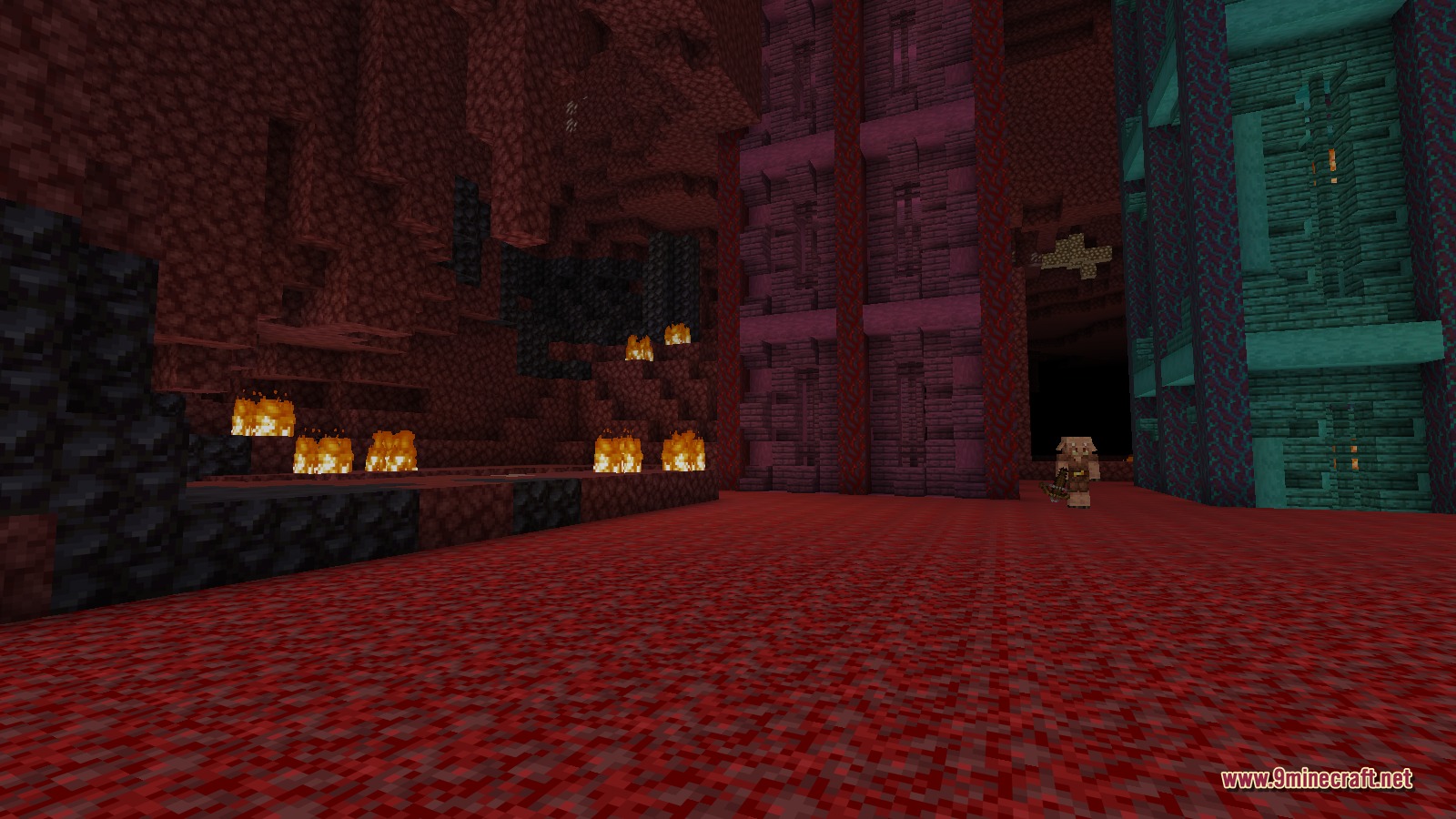 A Crimson Tower built from nether bricks and crimson blocks in a lava-lit Nether cavern, with a warped tower beside it