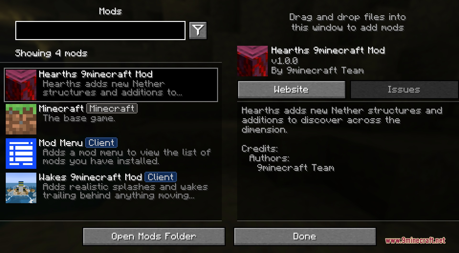 The mod's entry in the in-game mods list, shown loaded with its name and a clickable homepage link and a description of the new Nether structures and additions it adds to the dimension