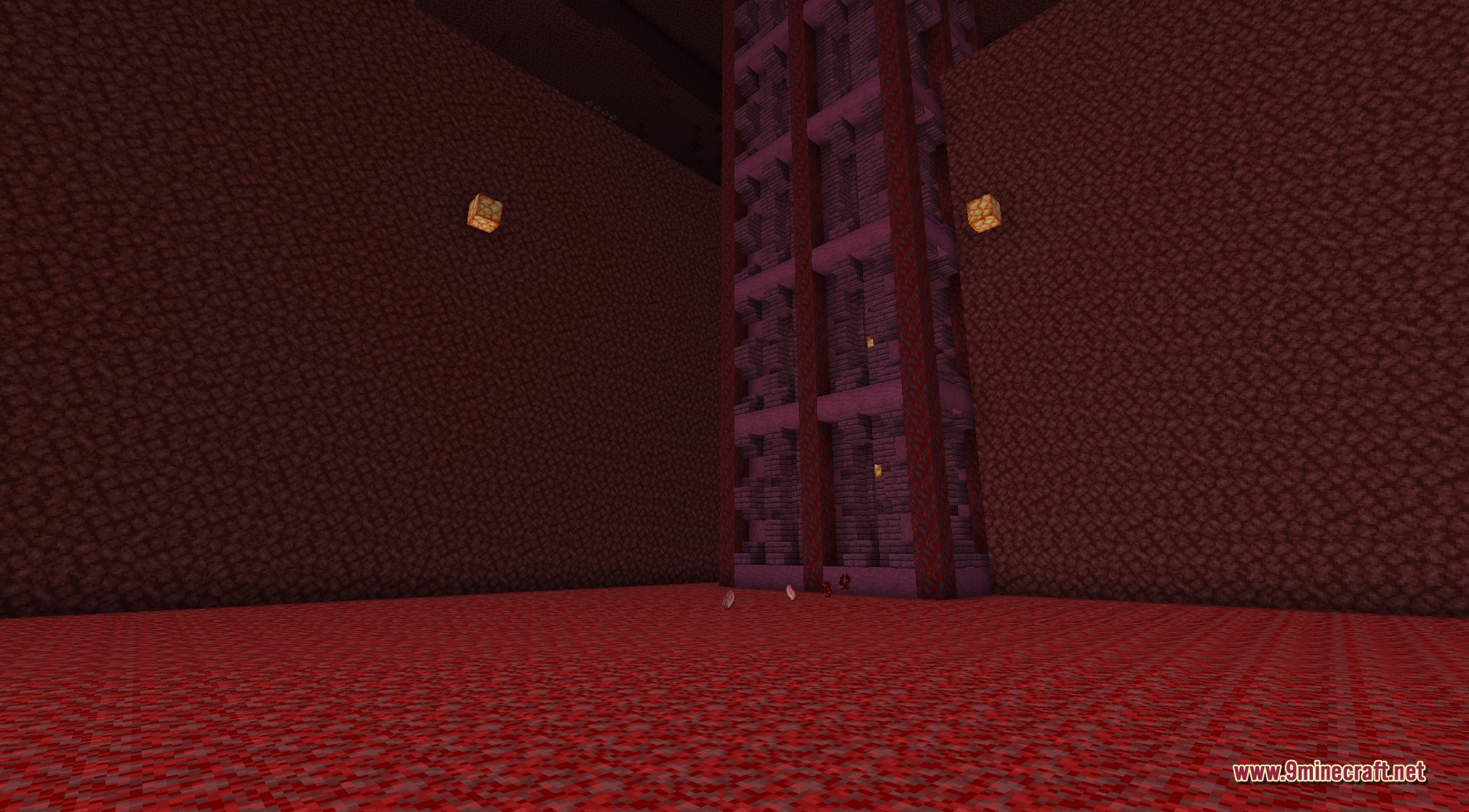 A tall Crimson Tower generated in the Nether, built from nether bricks and crimson blocks with a latticed, multi-floor design, standing on crimson nylium with the surrounding netherrack