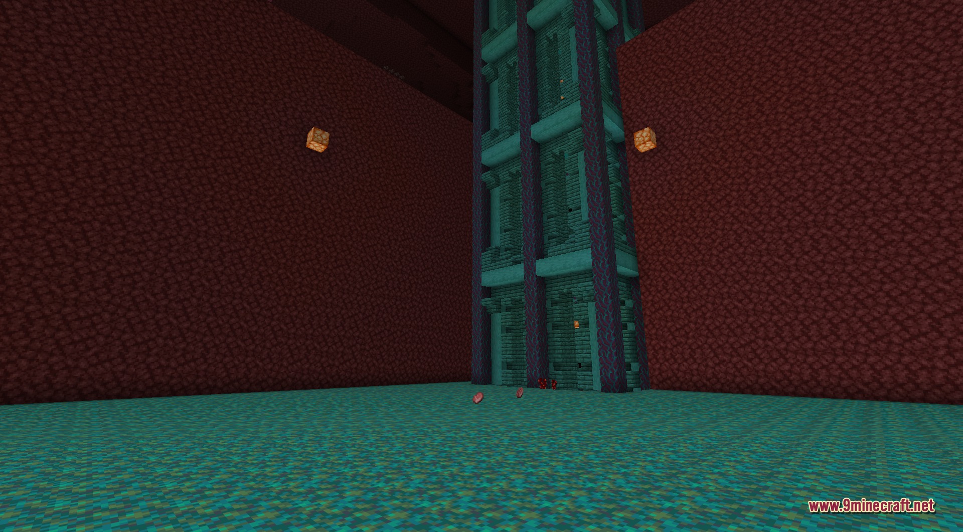 A Warped Tower generated in the Nether, built in teal warped materials with the same tall multi-floor spire design, standing on warped nylium