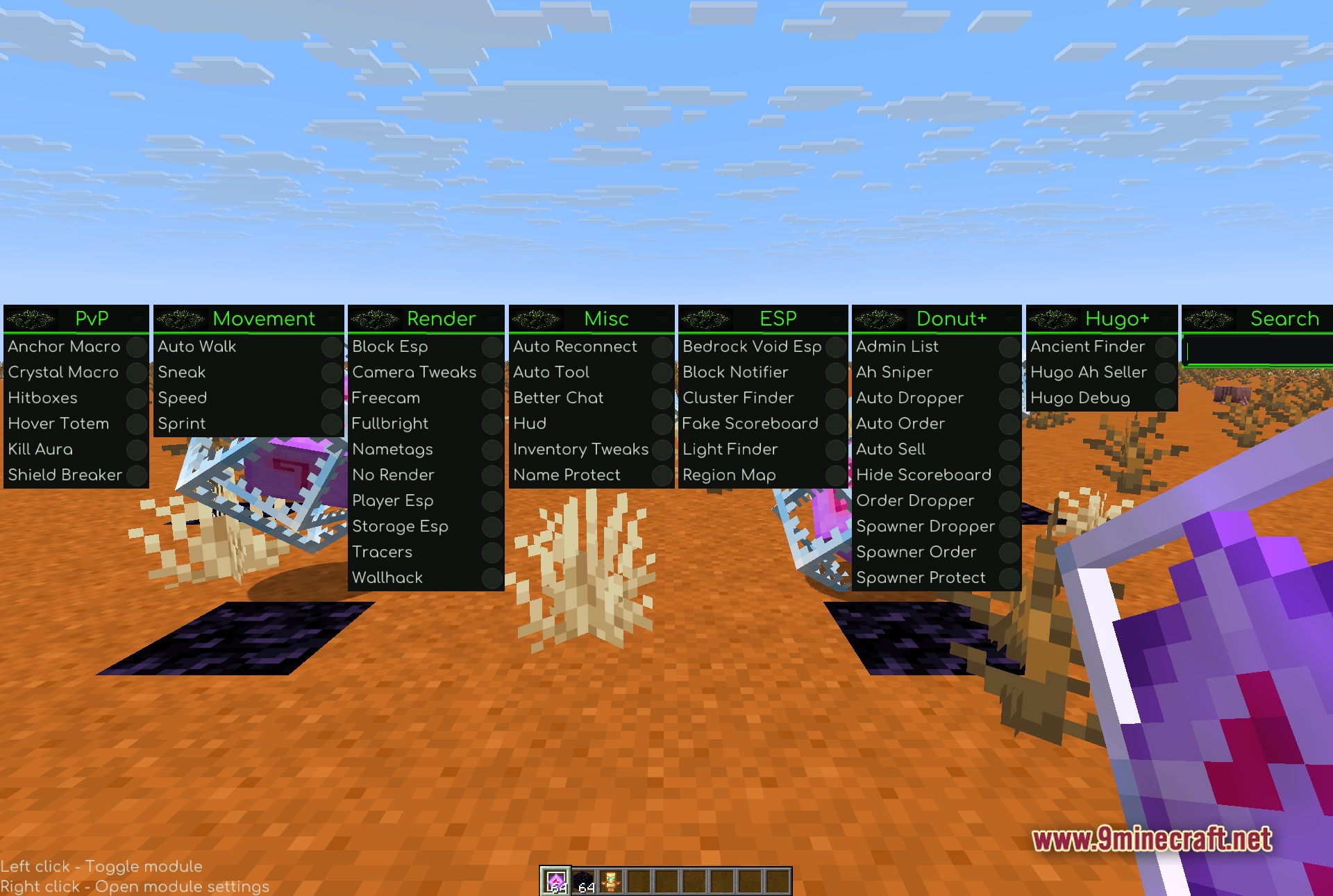 Hydra Client Mod Screenshot 2 ClickGUI di Hydra Client aperta sull'arena che mostra tutte le otto colonne delle categorie (PvP, Movement, Render, Misc, ESP, Donut+, Hugo+, Search) affiancate