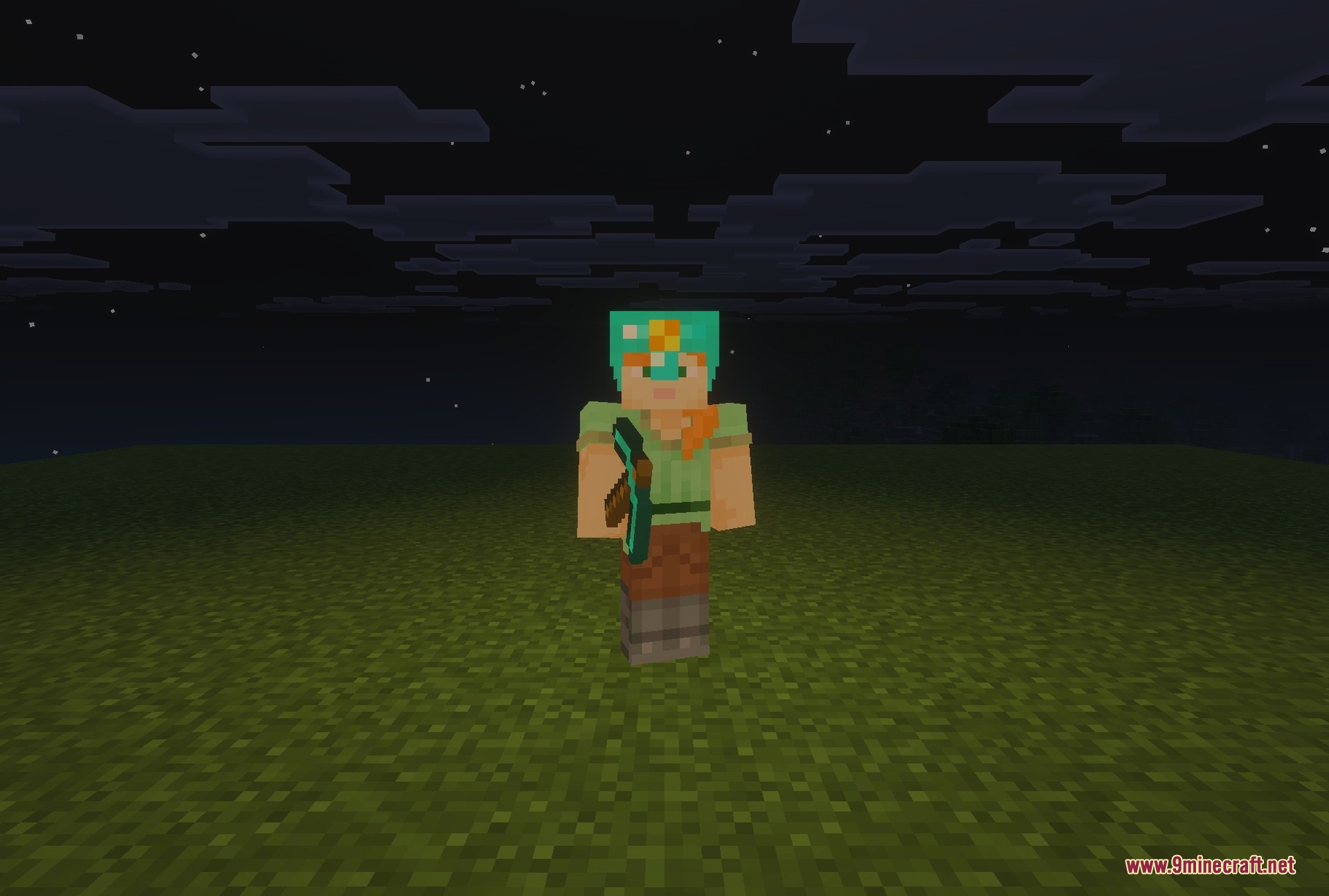Java's Dynamic Lighting Addon Screenshot 5 The Diamond Mining Helmet worn with a pickaxe while mining at night