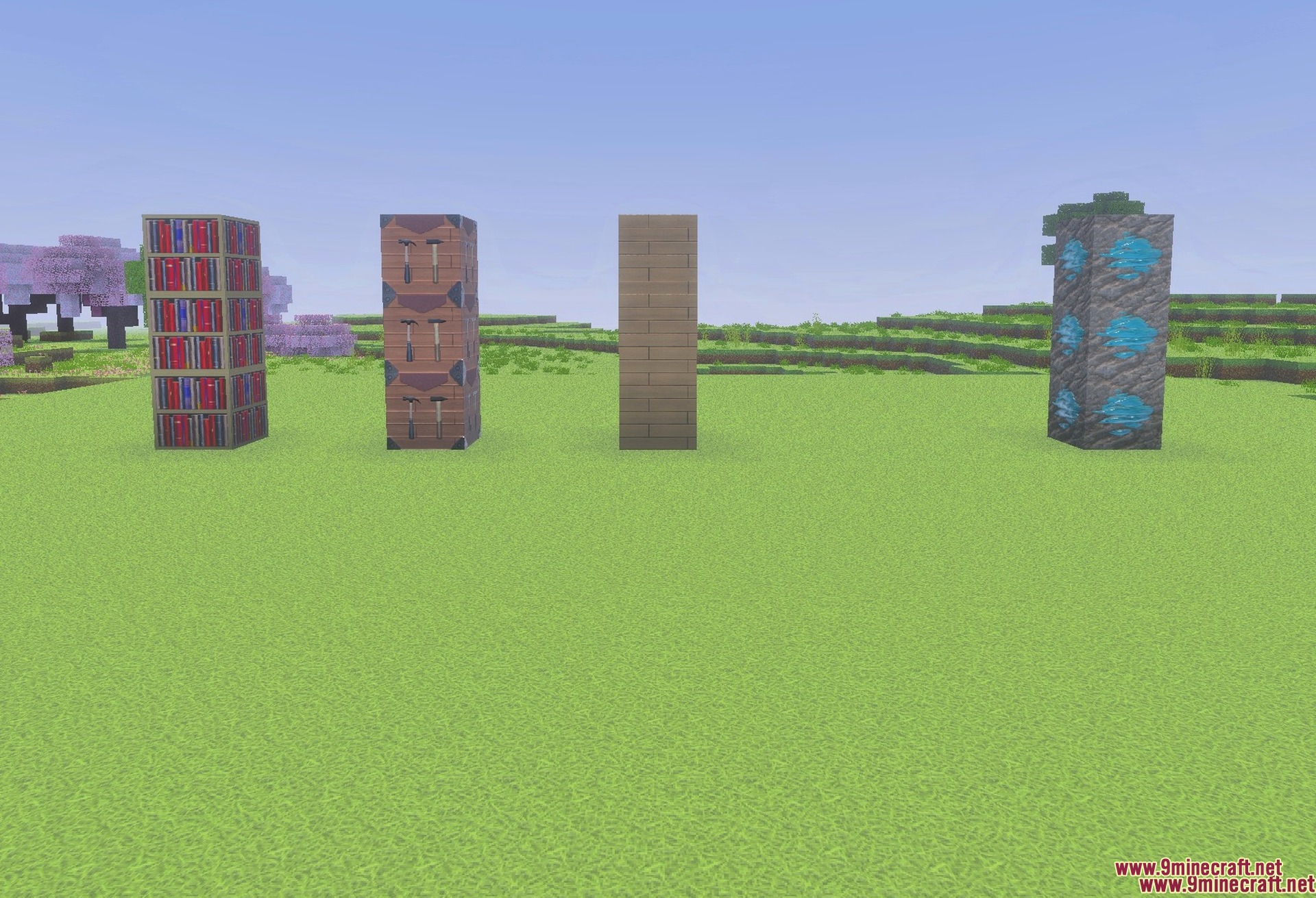 Legendary PBR Texture Pack Screenshot 2 Block textures: bookshelf, crafting table, planks and diamond ore