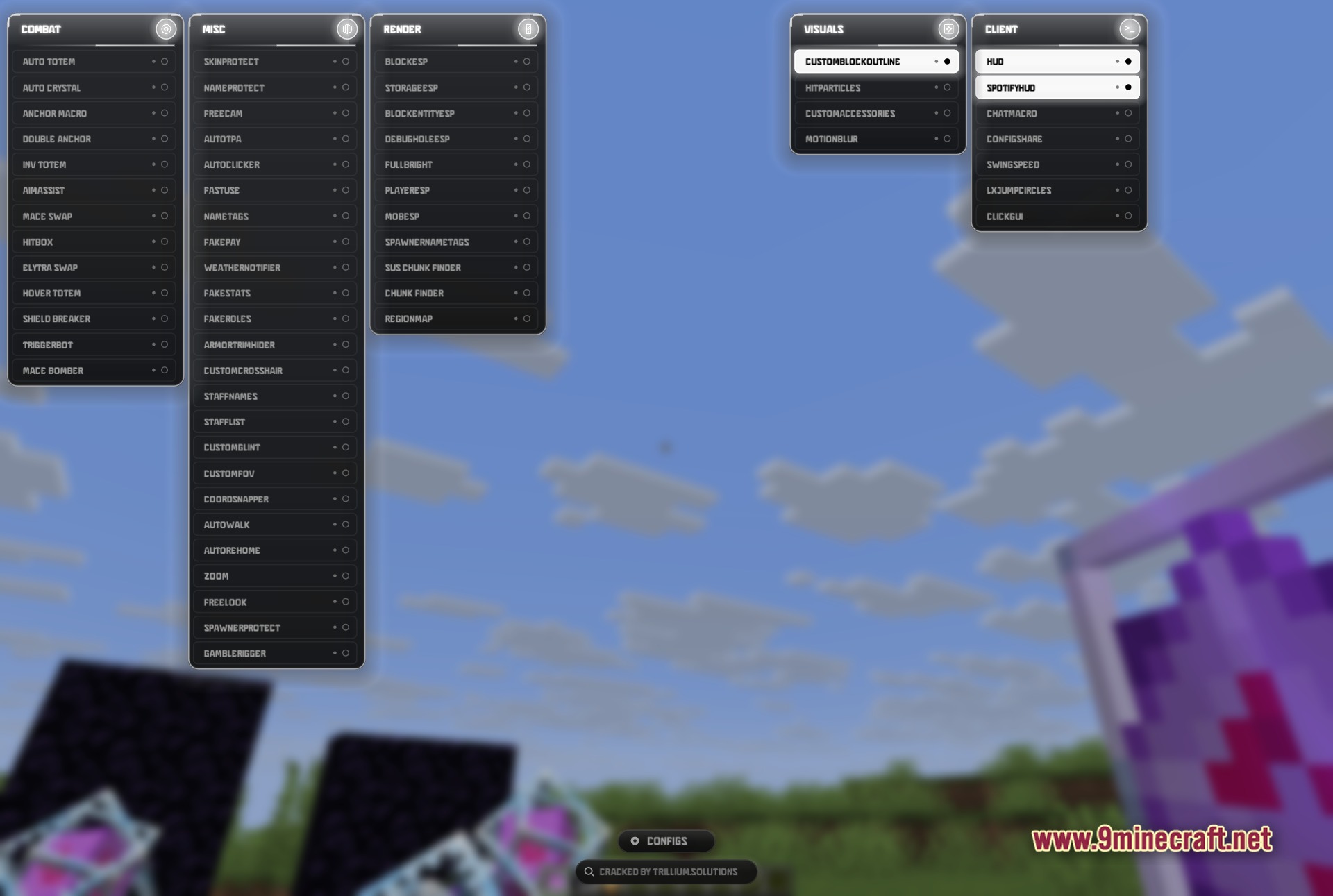 LuneX Client Mod Screenshot 1 LuneX Client ClickGUI opened in-game showing the Combat, Misc, Render, Visuals and Client module categories side by side over the Crystal PvP arena
