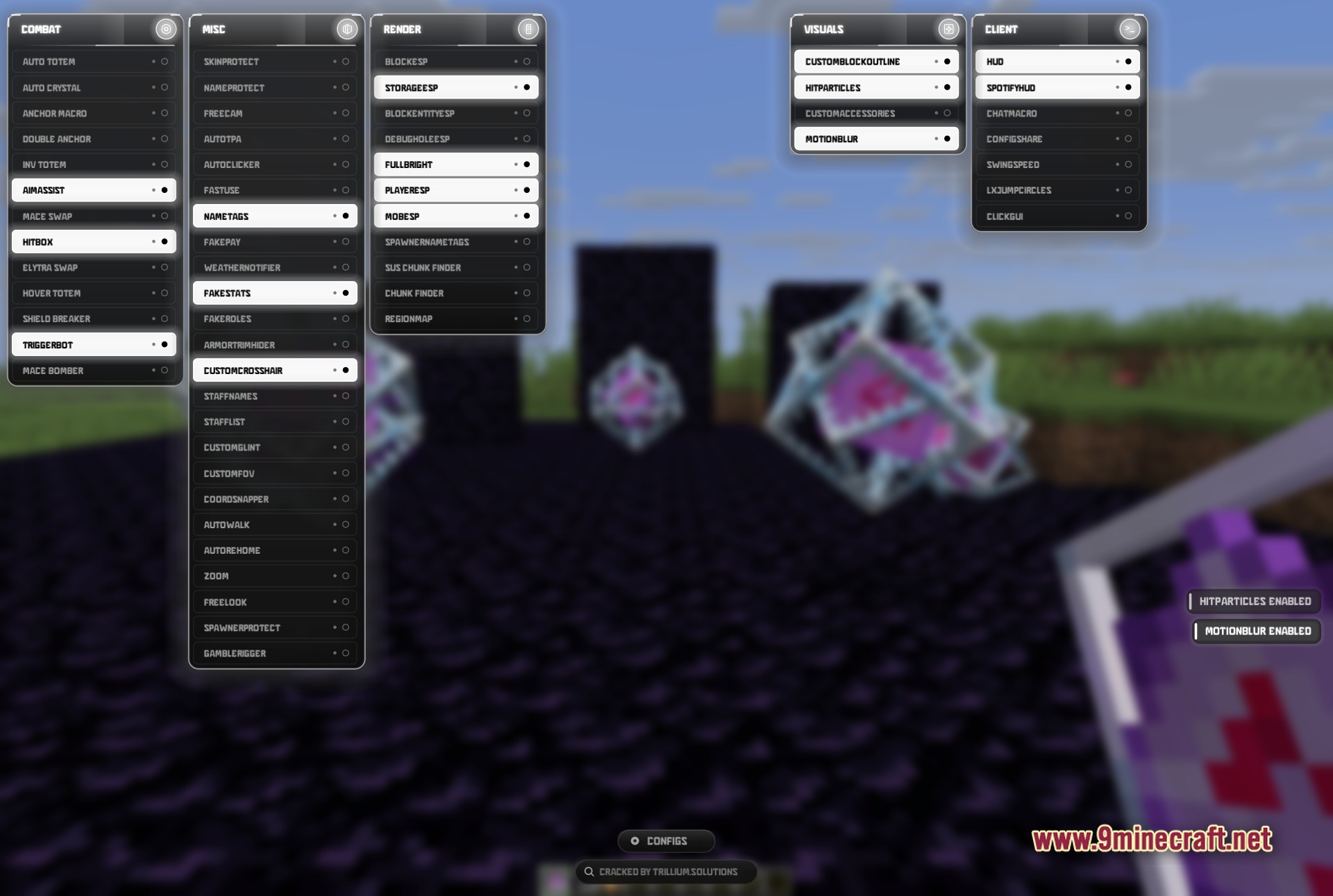 LuneX Client Mod Screenshot 2 LuneX Client ClickGUI with combat and render modules such as Aim Assist, Hitbox, Fullbright, Player ESP and Storage ESP toggled on, showing the green indicator dots