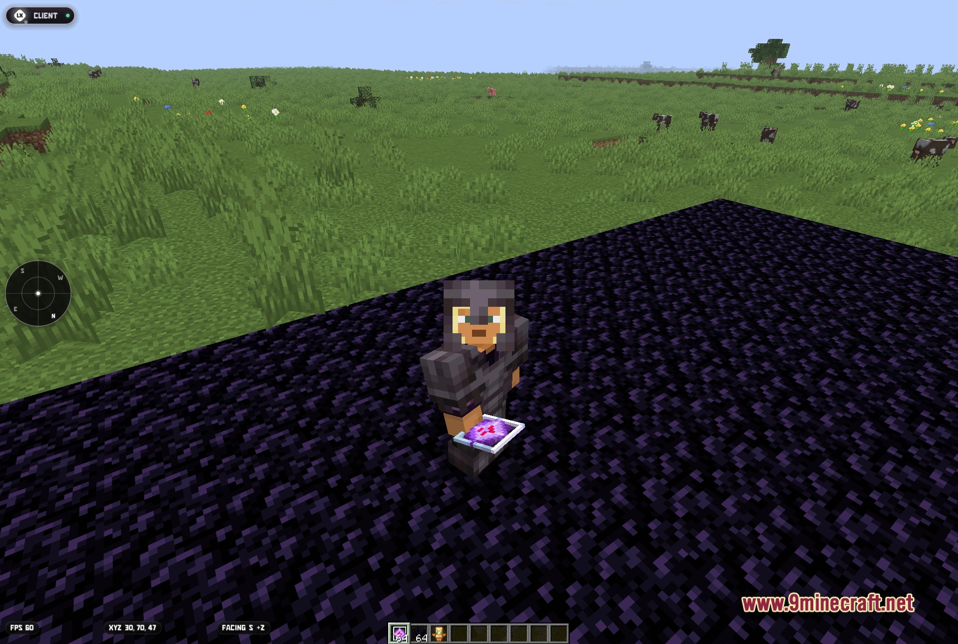 LuneX Client Mod Screenshot 3 Third-person view of the player in netherite armor holding an End Crystal on an obsidian platform, with the LuneX HUD, radar and coordinate display active