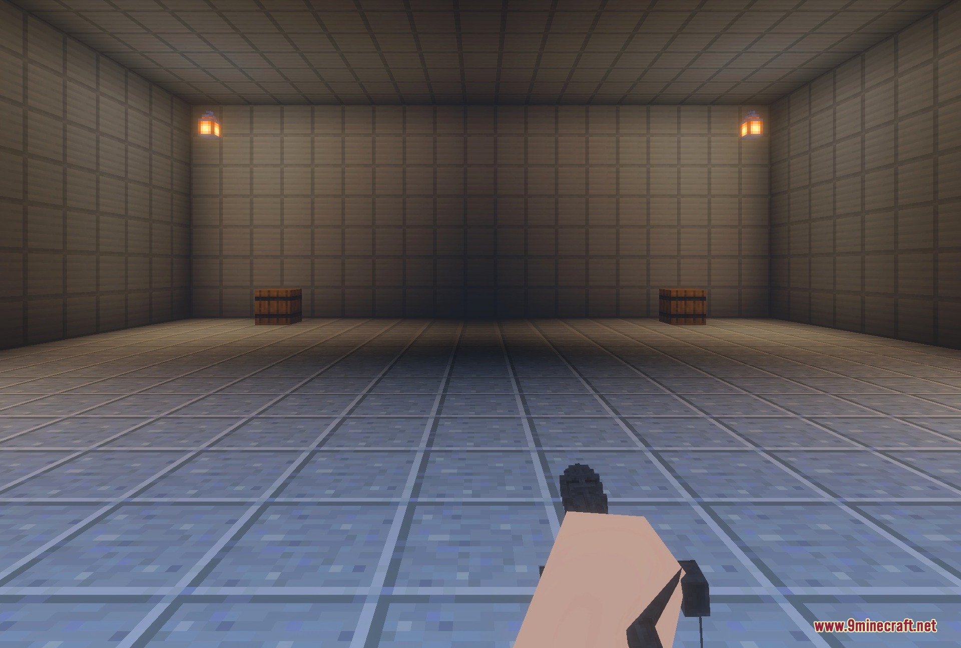 Carrying the minigun inside an iron warehouse
