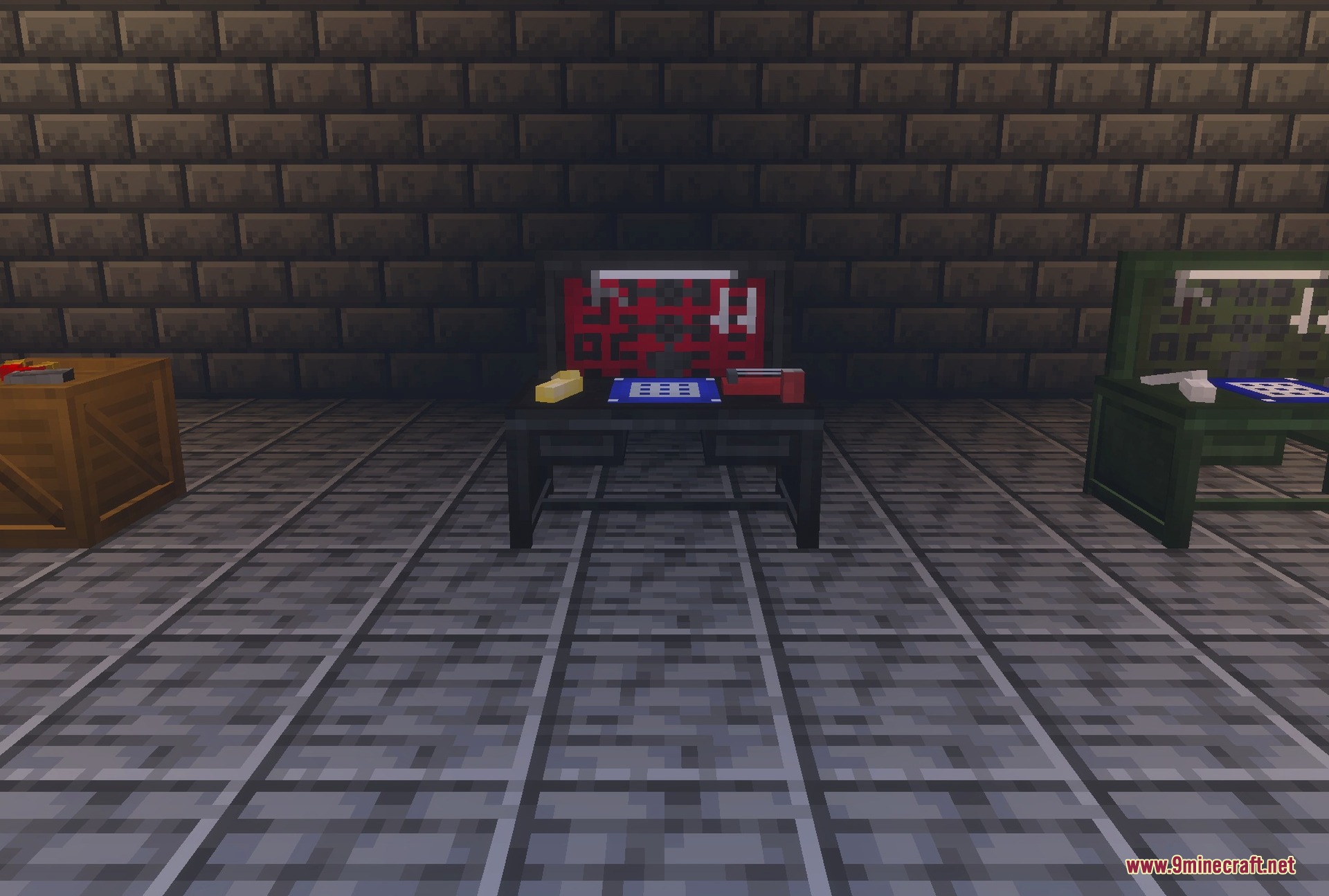 The weapons bench, attachments bench and ammunition boxes
