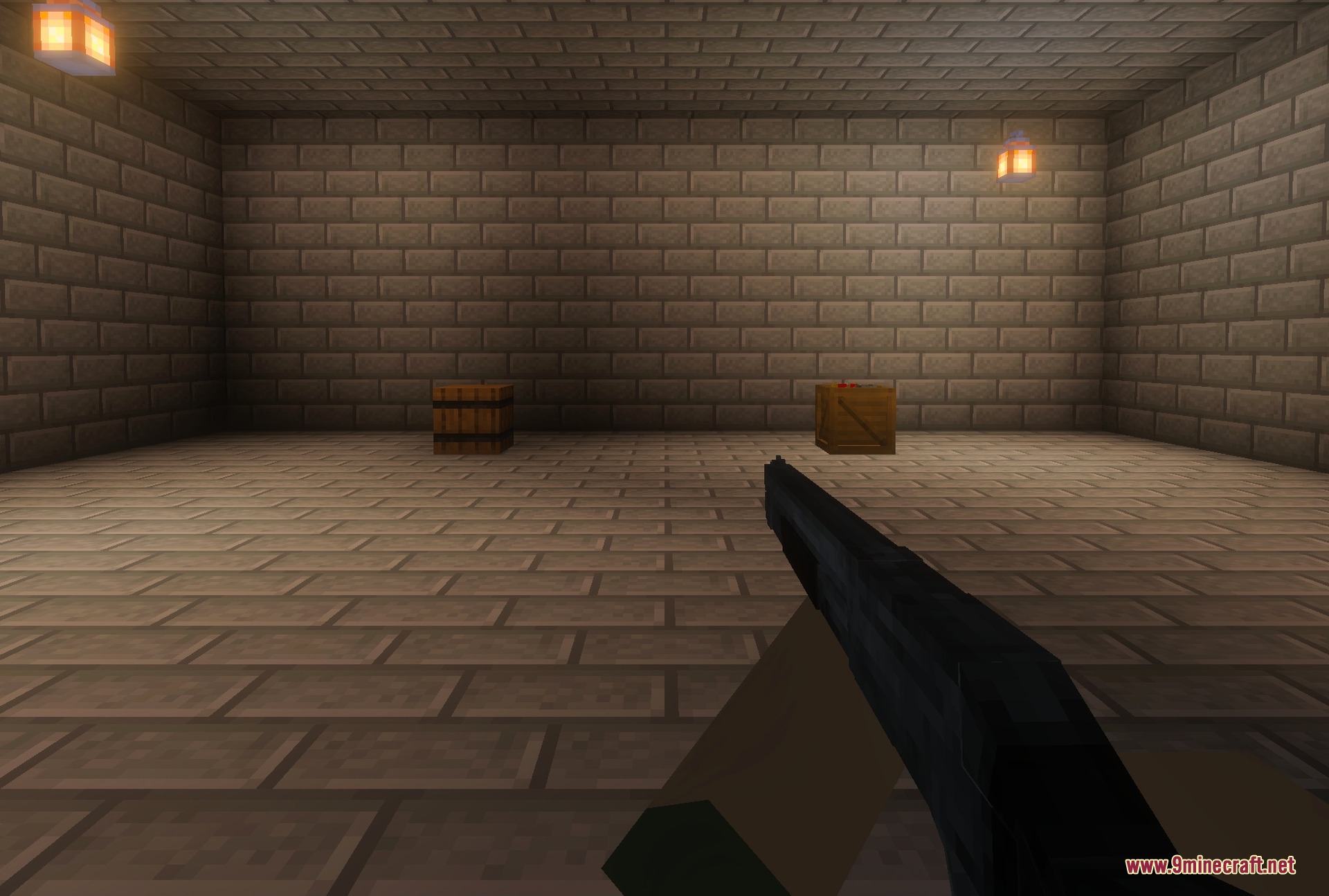 Holding the Remington 870 shotgun in a stone warehouse