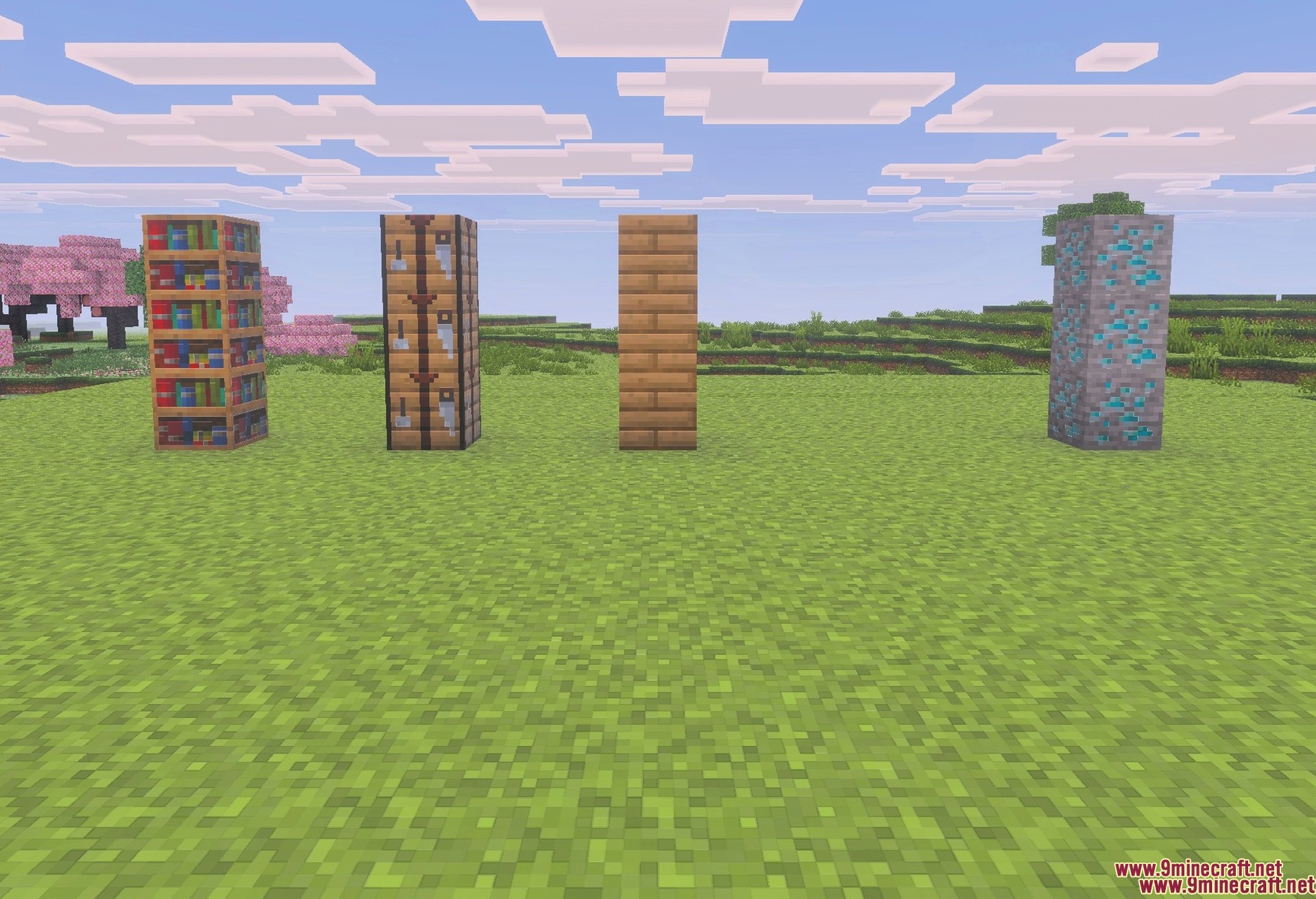 PrizmaRTX PBR RTX Lumenrtx Texture Pack Screenshot 2 Block textures: bookshelf, crafting table, planks and diamond ore