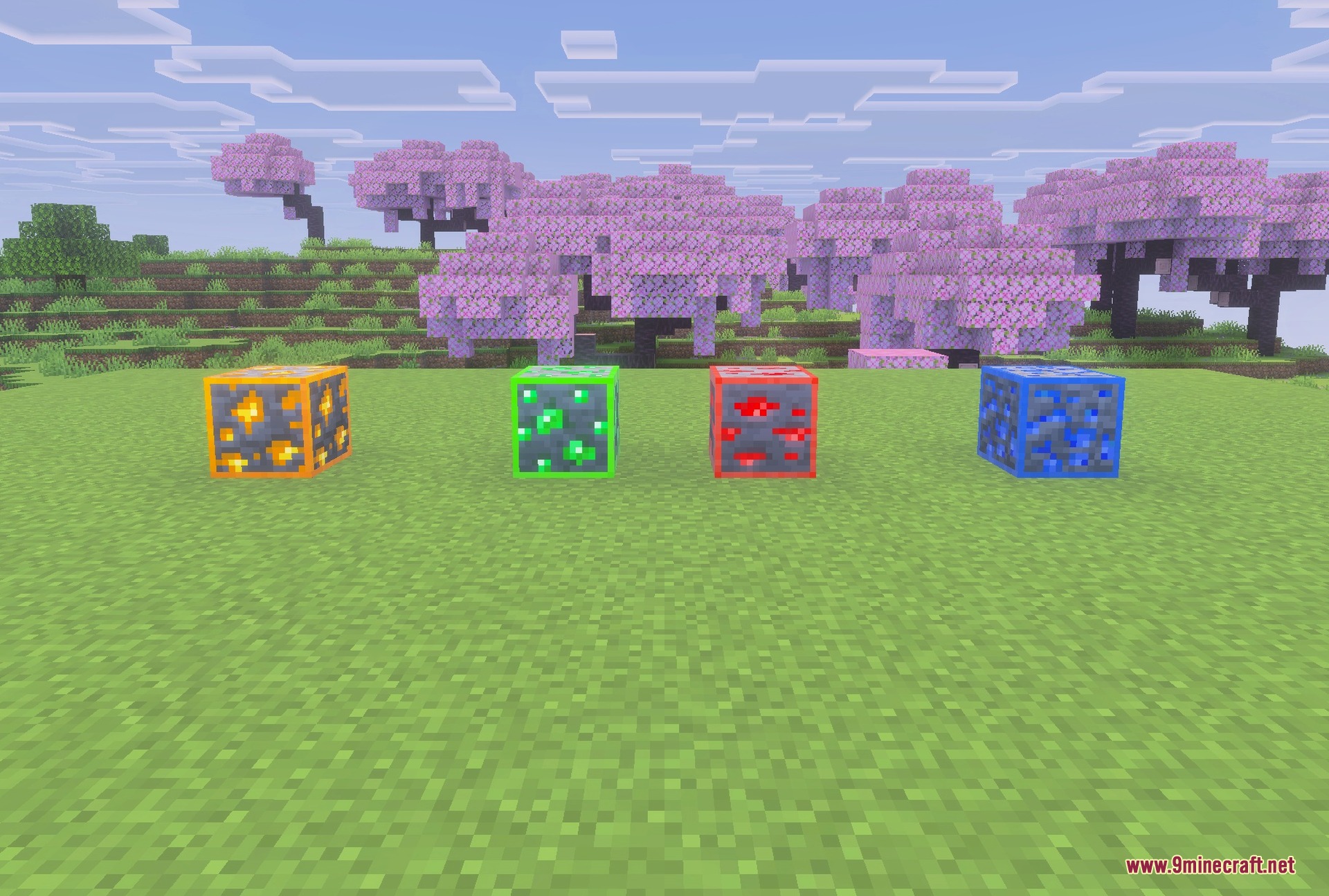 Radiant Glowing Ores Texture Pack Screenshot 1 Five ores glowing in the dark