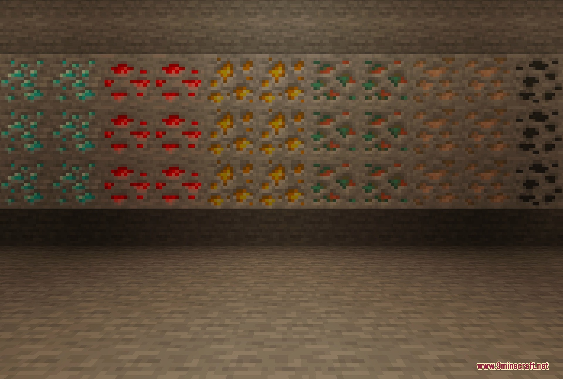 Every ore type exposed on a lit cave wall