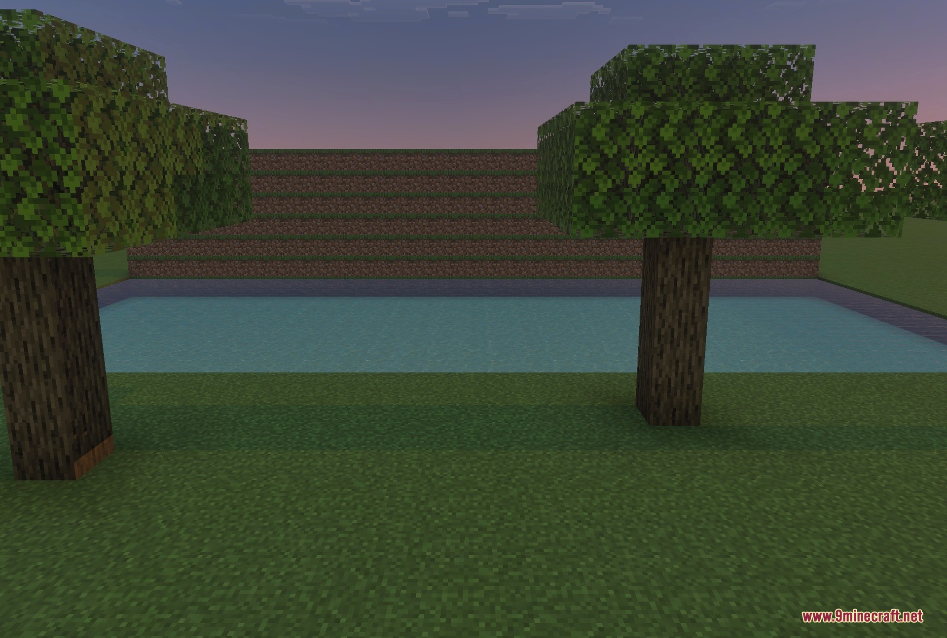 A lake and oak trees under low evening light