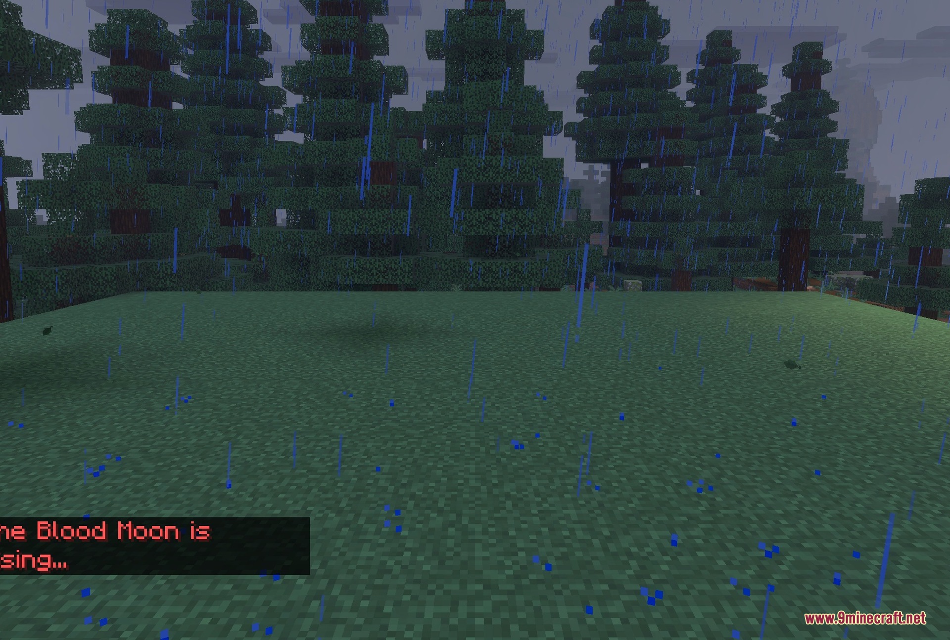 Rise and Survive Progressive Zombie Apocalypse Addon Screenshot 1 The Blood Moon rising over the forest, the event that drives the apocalypse