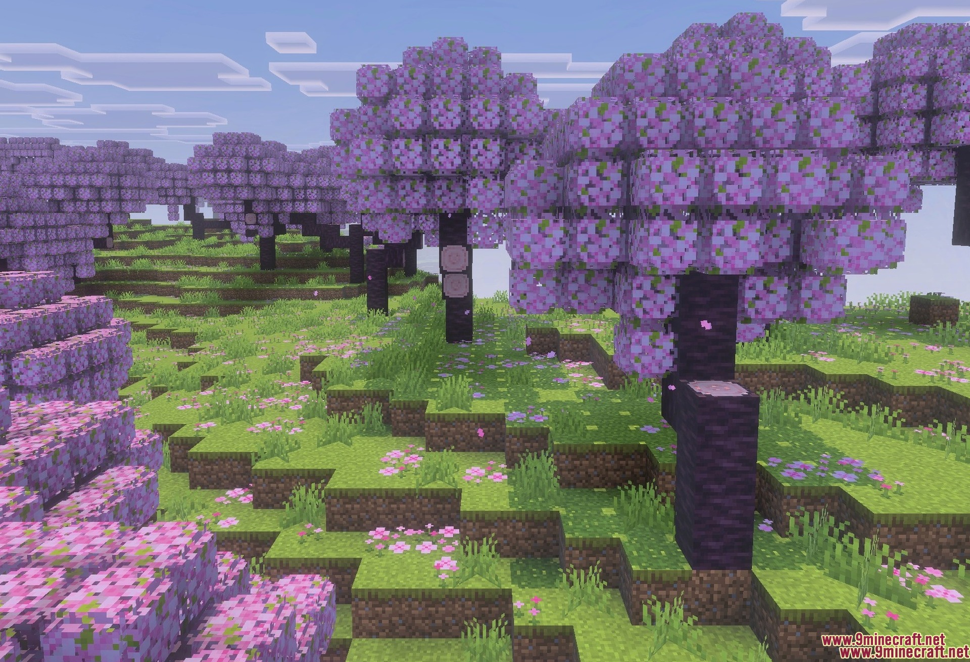 Trees Plus+ Better Texture Pack Screenshot 1 Cherry trees redrawn across the hillside