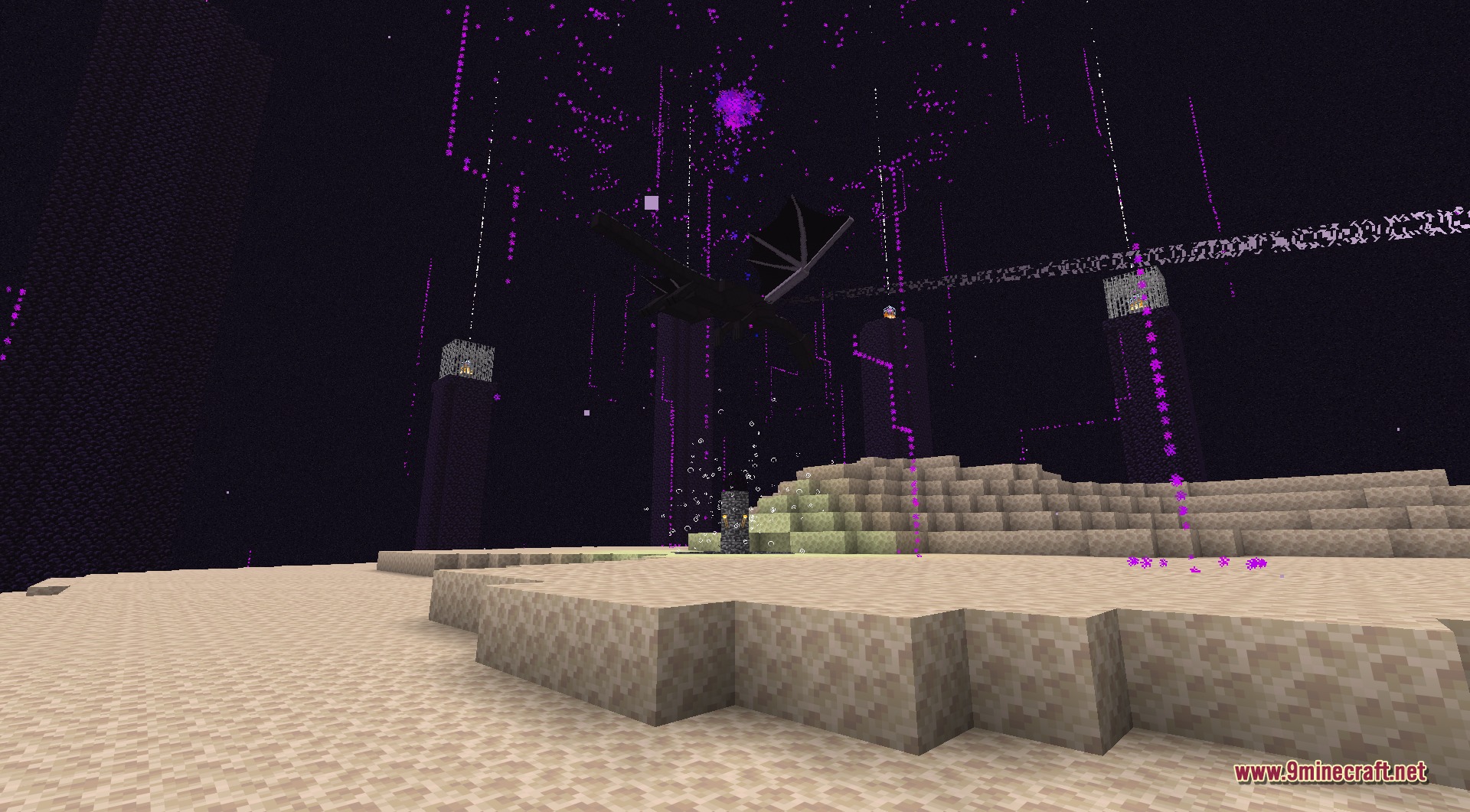 The overhauled Ender Dragon soaring above the exit portal fountain, seen from a low angle, as beams of energy from its totem healing attack rise across the End arena