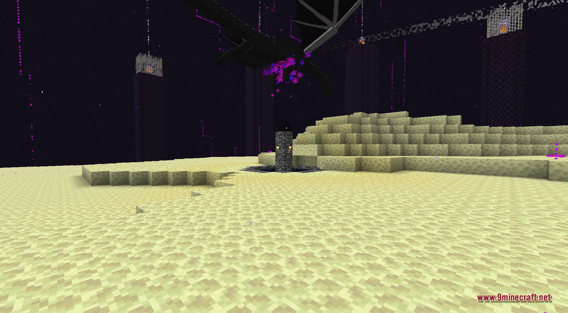 The reworked dragon swooping low over the central exit portal fountain, wings spread, during the overhauled boss fight