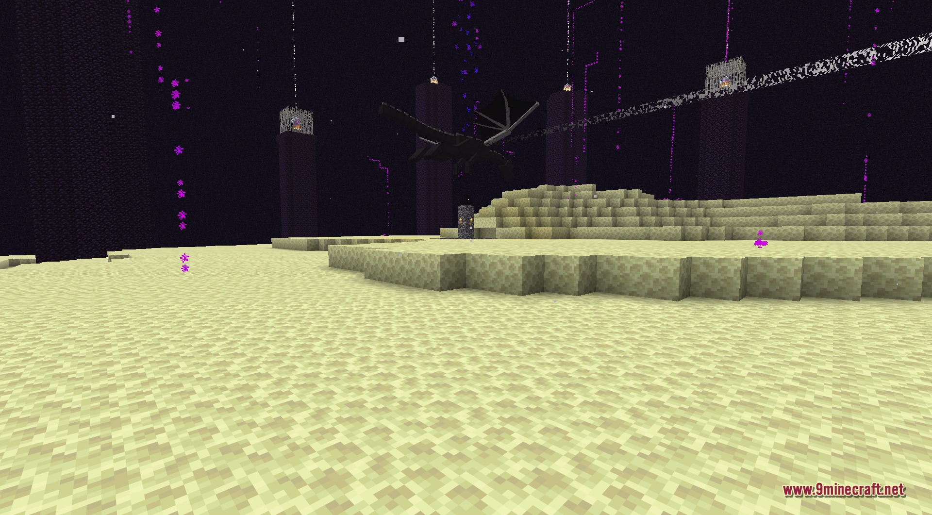 The Ender Dragon in flight above the End island and its obsidian pillars, with glowing particles from its attacks trailing across the dark sky
